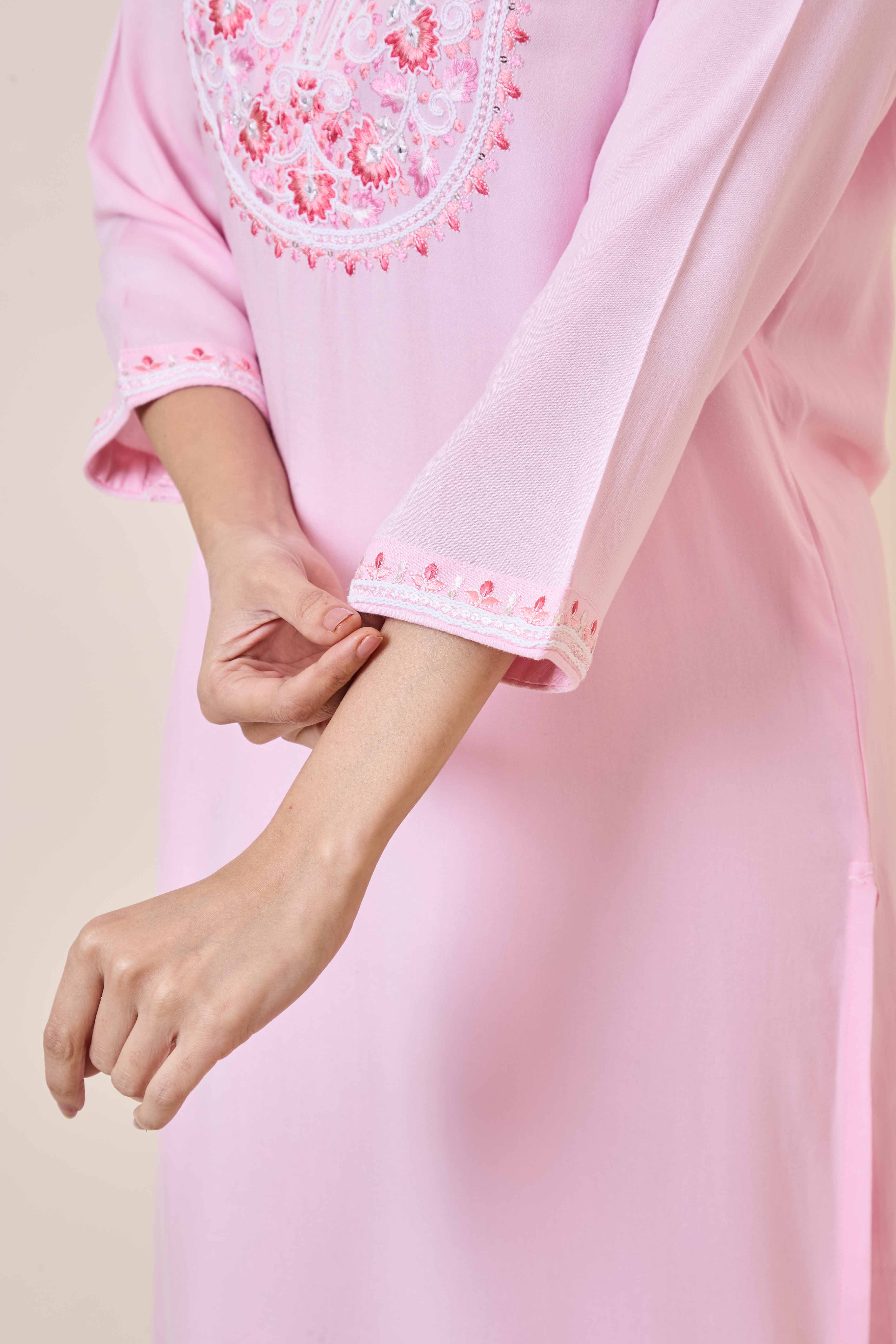 Light Pink Yoke Embroidered Rayon Straight Kurti