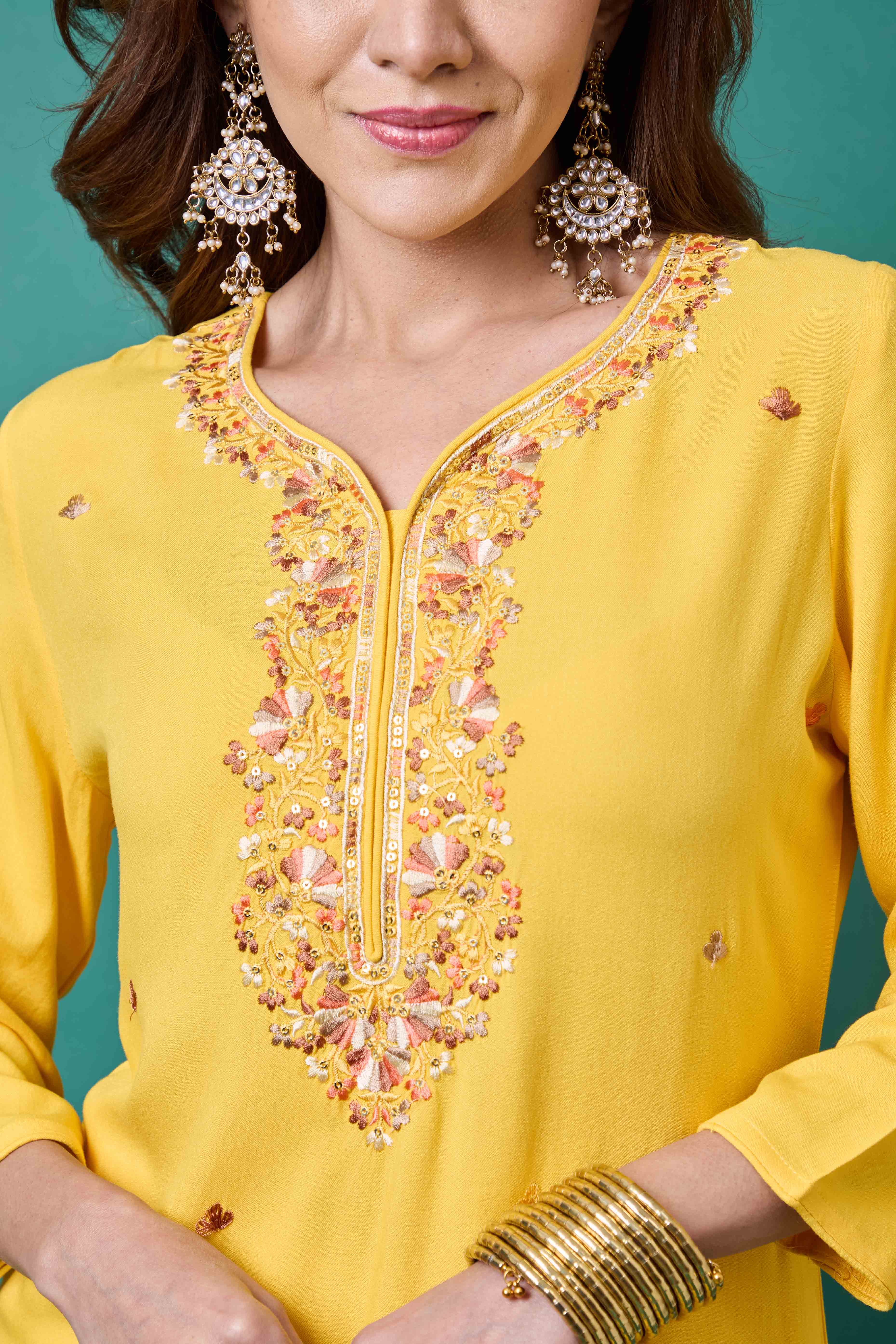 Yellow Yoke Embroidered Rayon Straight Kurti