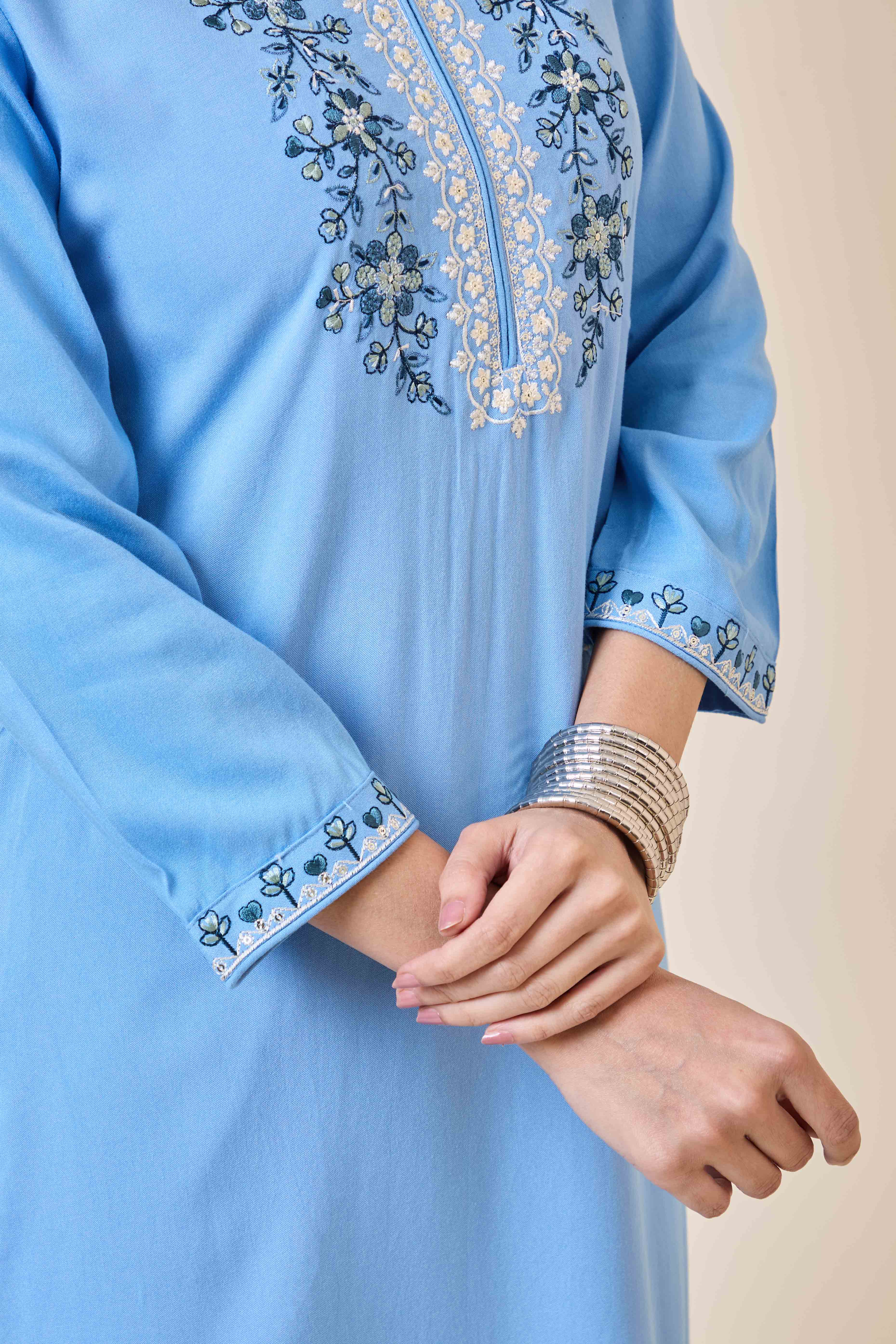 Sky Blue Yoke Embroidered Rayon Straight Kurti