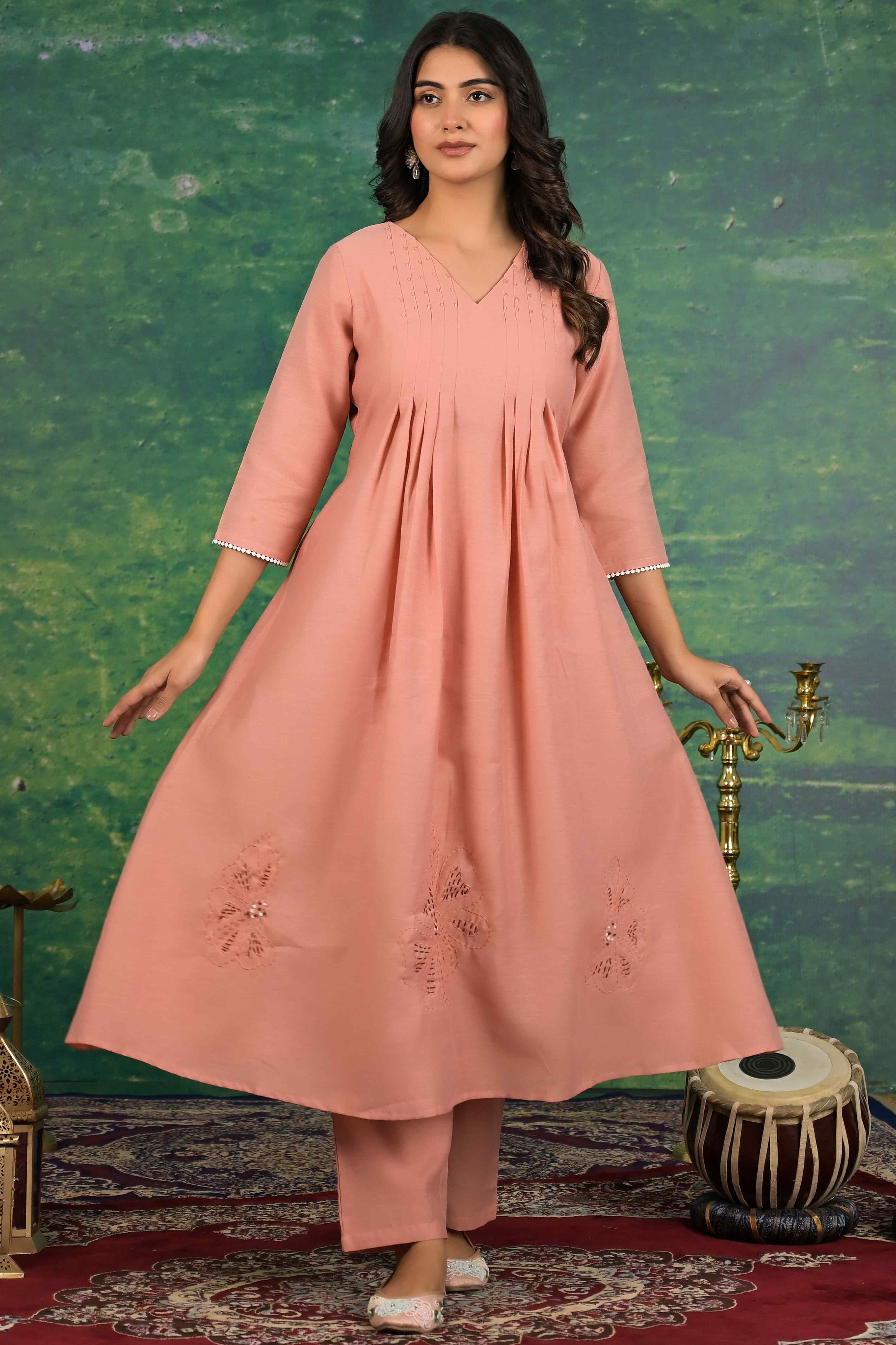 Peach Floral Embroidered Pure Cotton Top Bottom Set