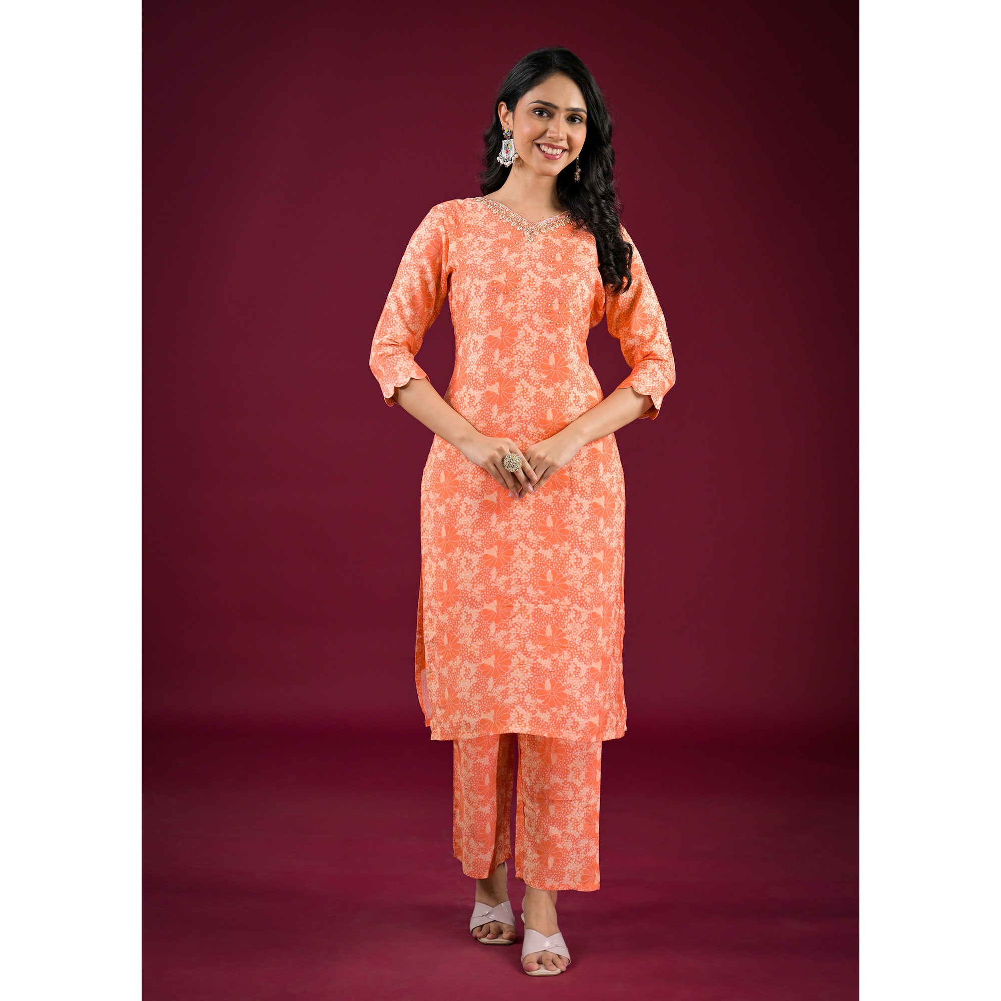 Orange Floral Printed Muslin Straight Salwar Suit