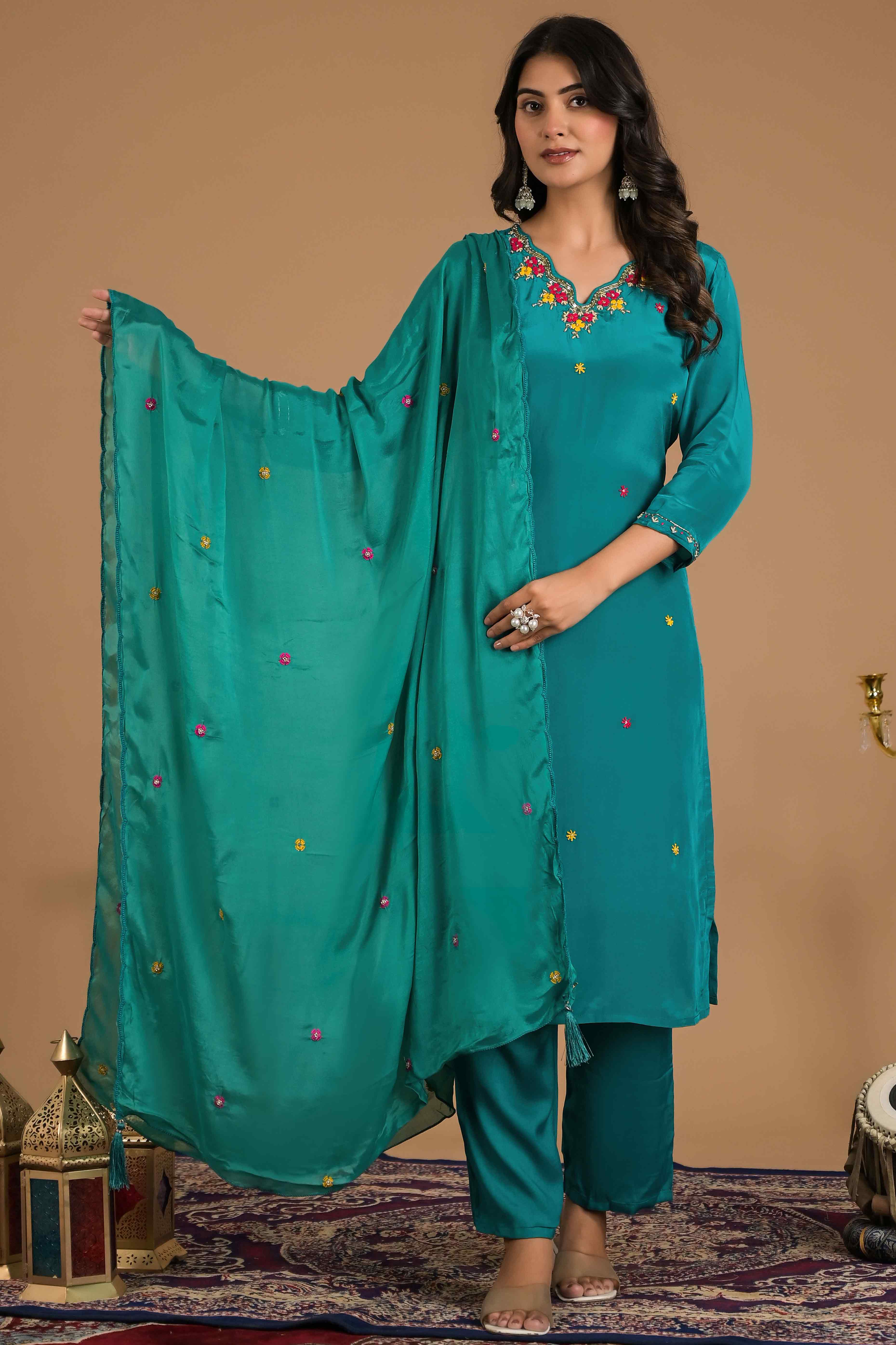 Turquoise Beads Work Embroidered Crepe Salwar Suit