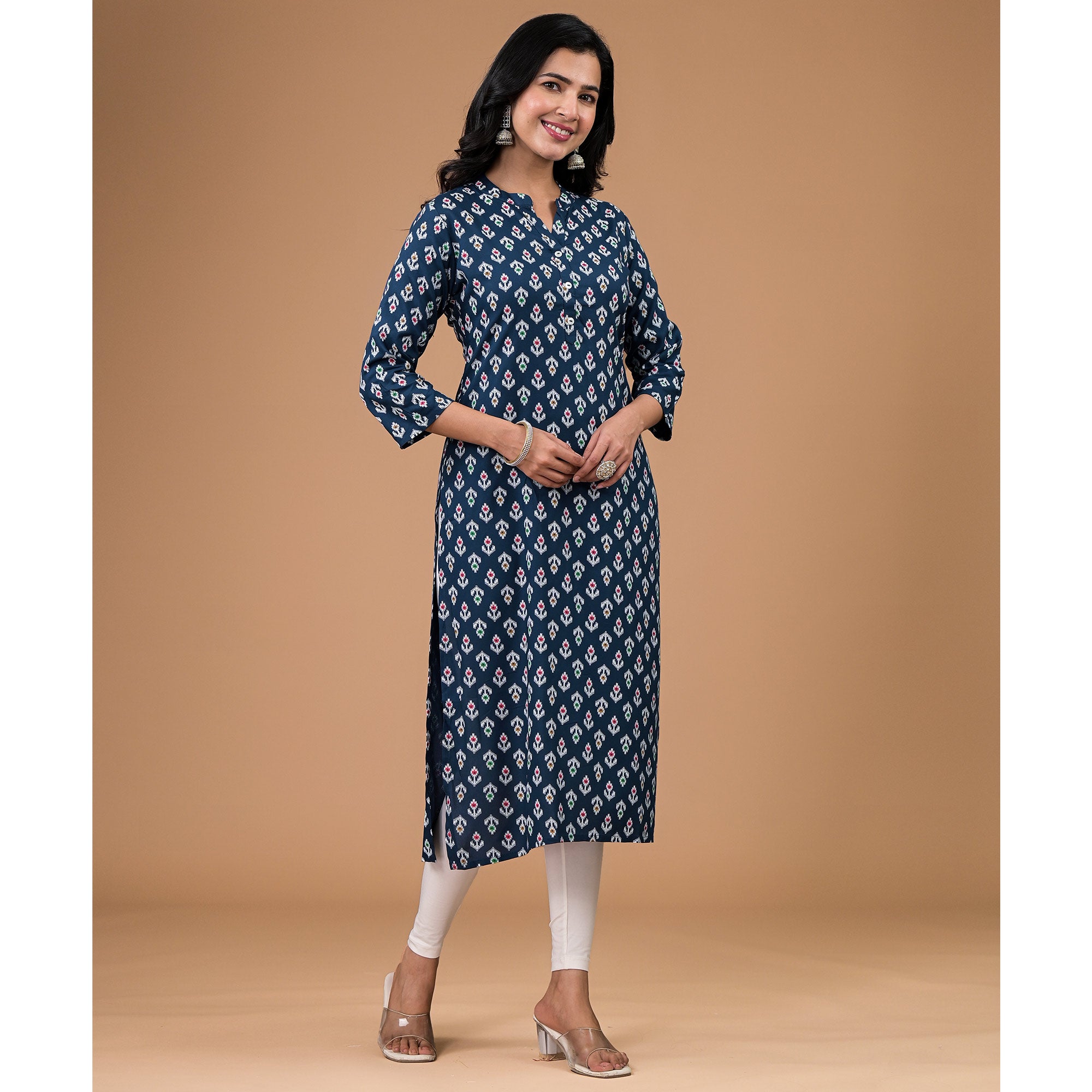 Navy Blue Rayon Printed Straight Kurti