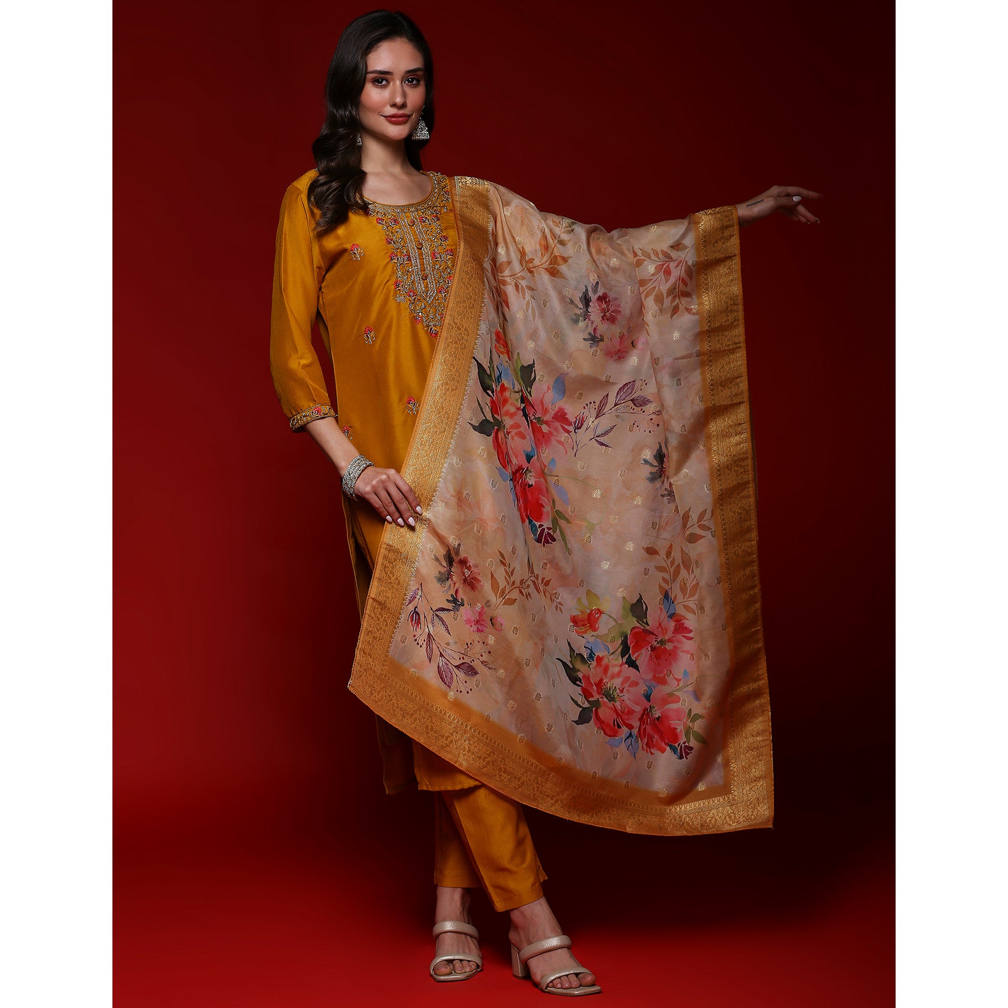 Mustard Floral Embroidered Cotton Silk Salwar Suit