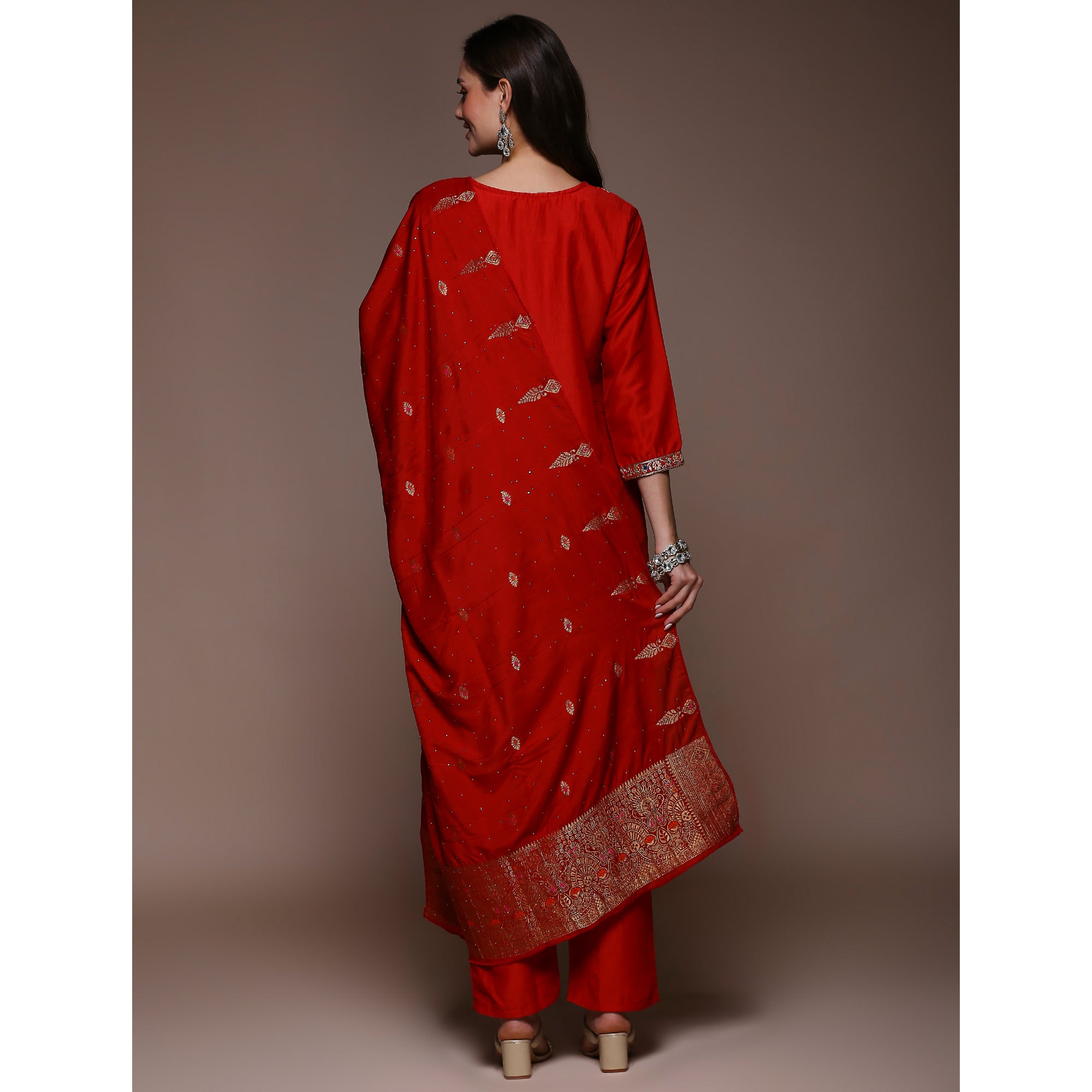 Red Floral Embroidered Cotton Silk Salwar Suit