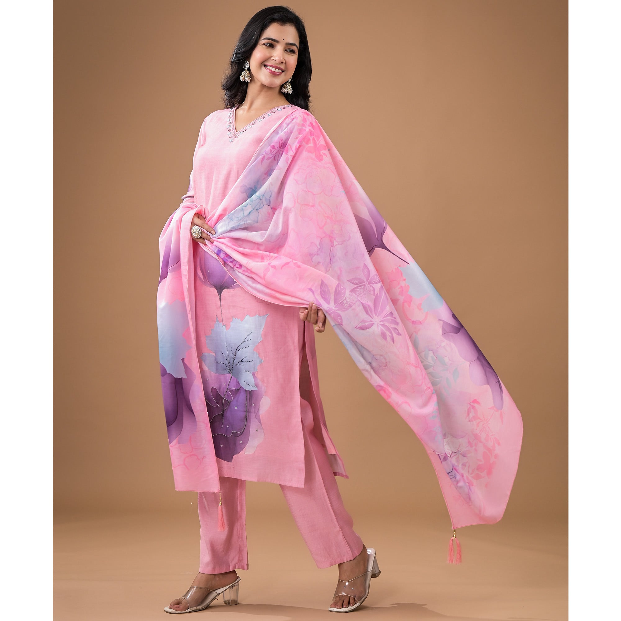 Pink Embroidered Viscose Straight Salwar Suit