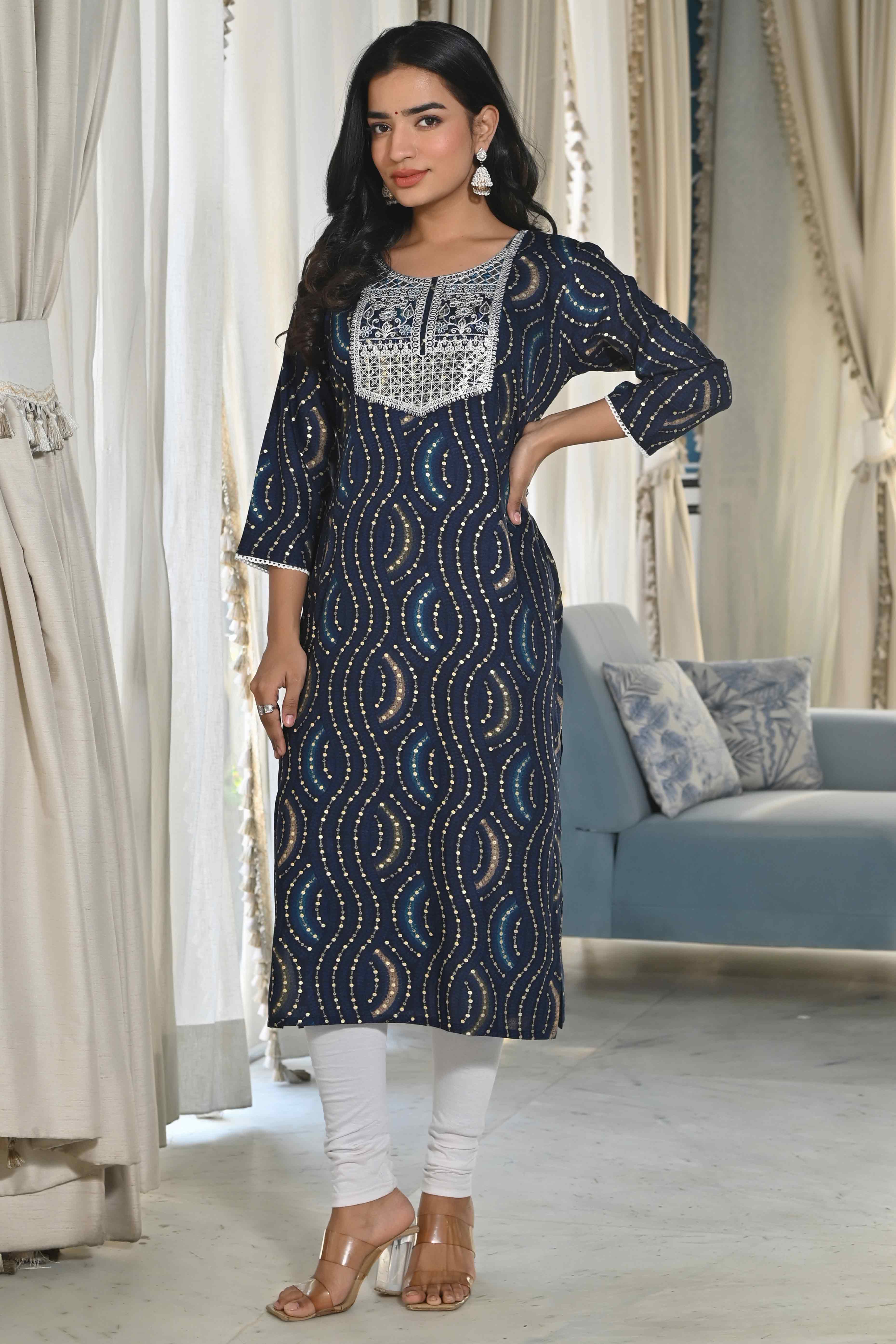 Blue Foil Printed Rayon Straight Kurti