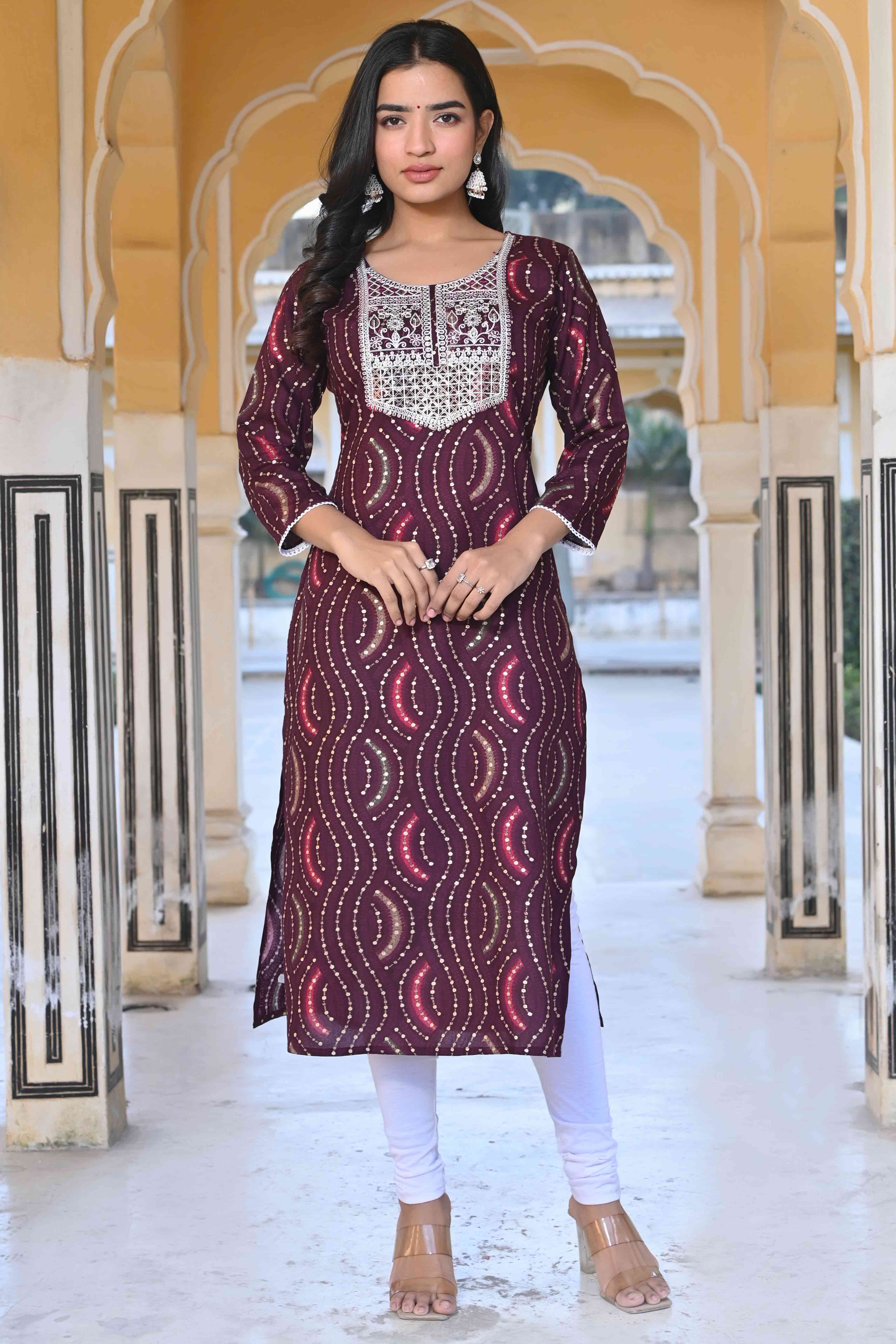 Wine Foil Printed Rayon Straight Kurti