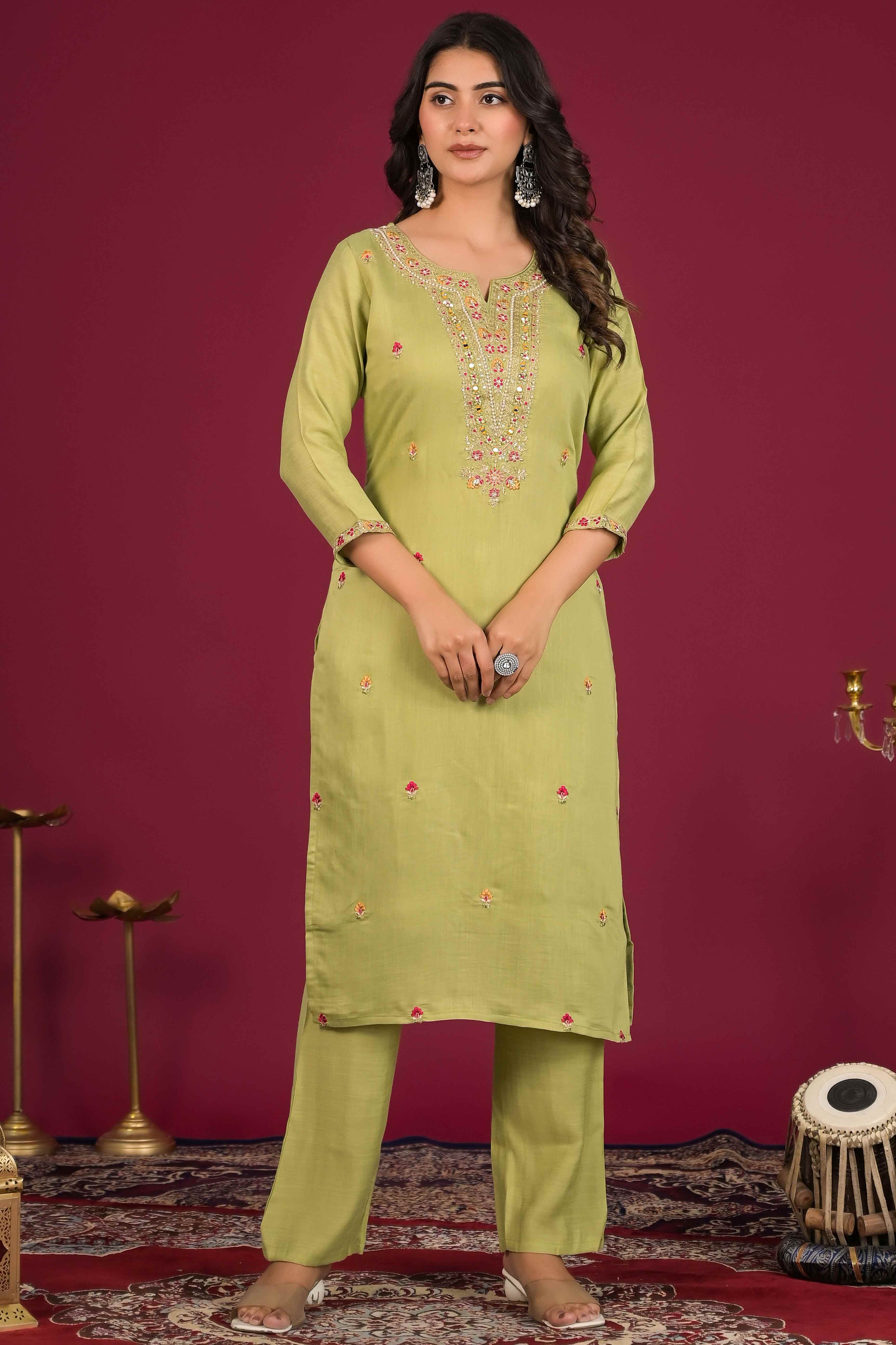 Green Floral Embroidered Pure Cotton Salwar Suit