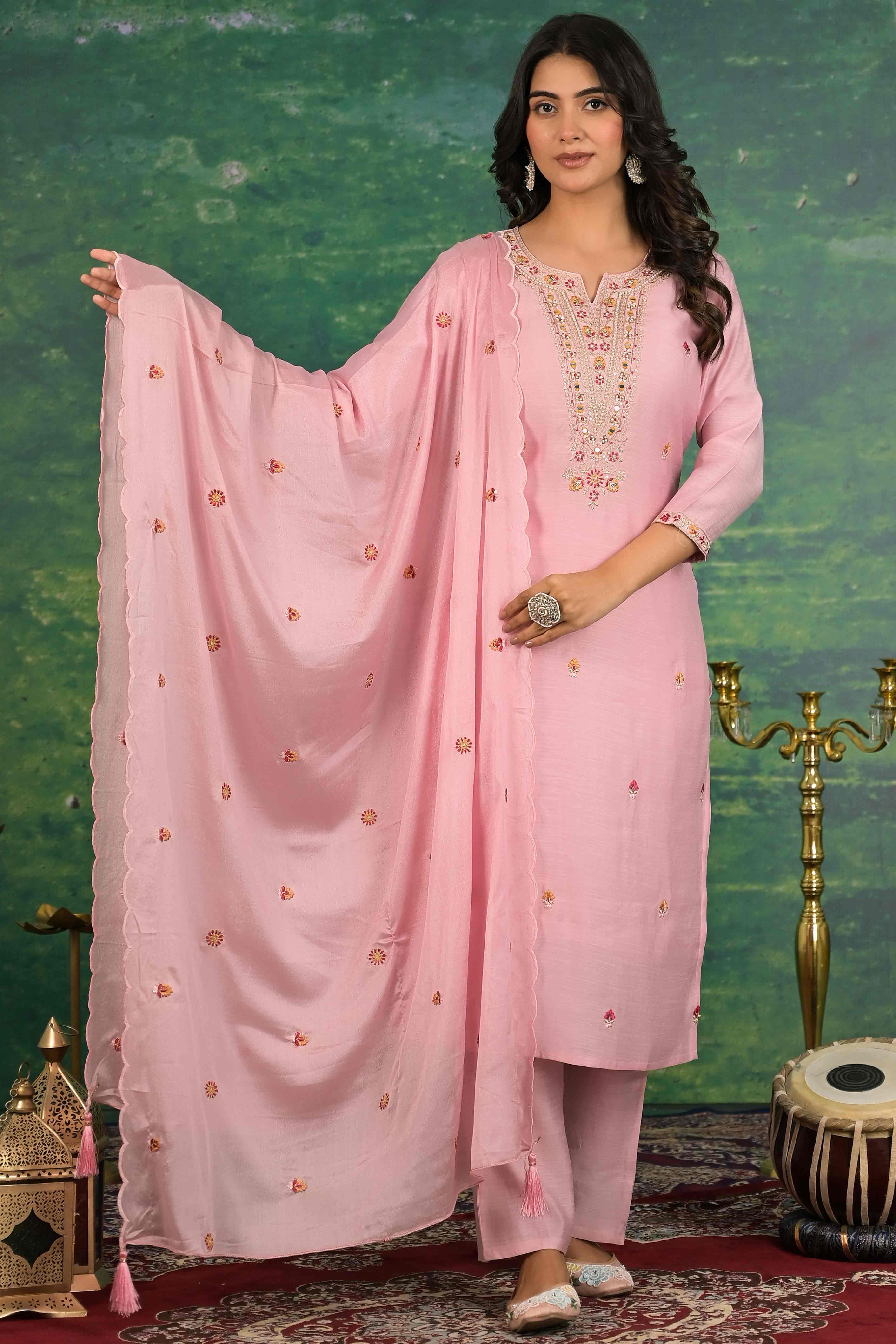 Peach Floral Embroidered Pure Cotton Salwar Suit