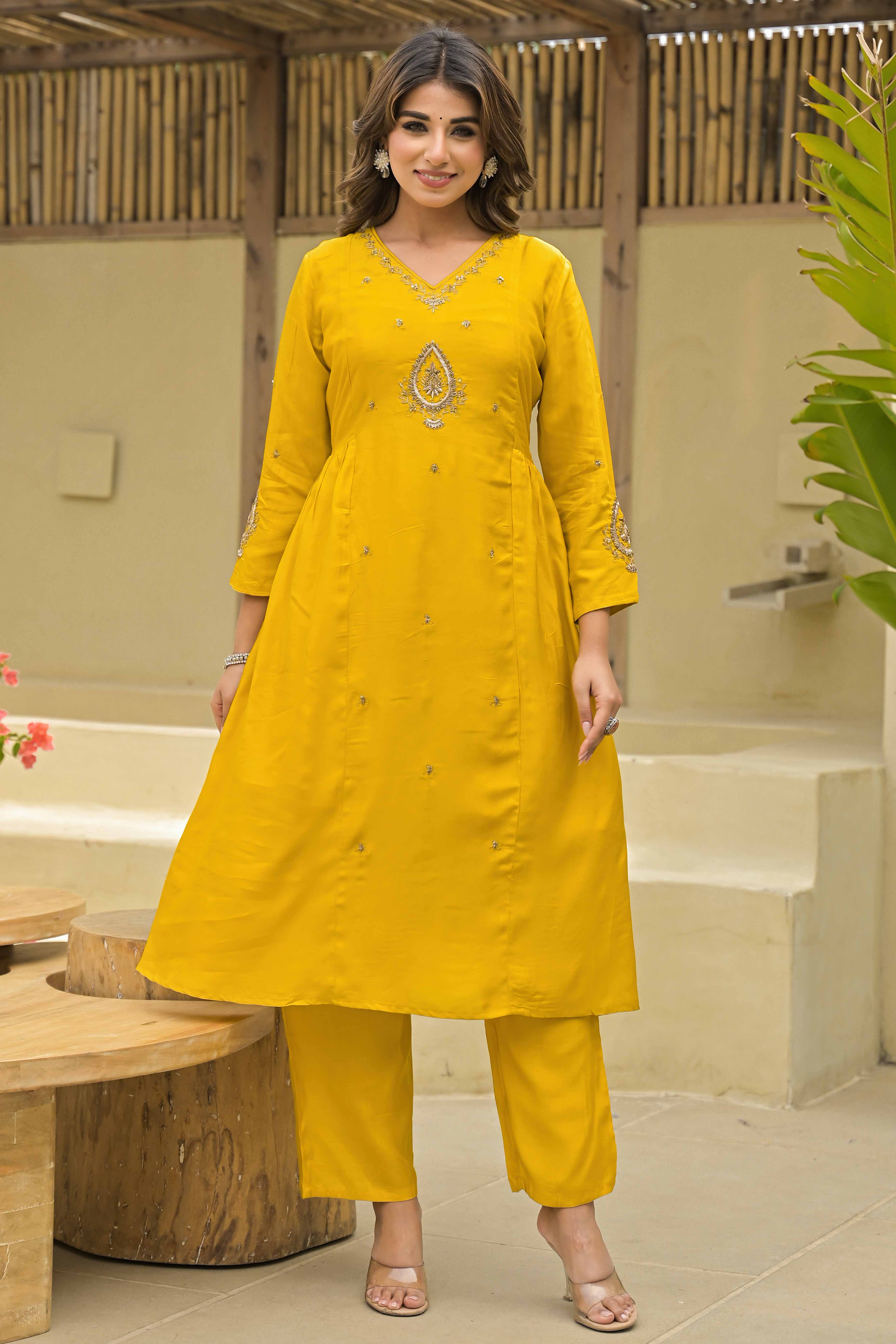 Mustard Hand Ari Work Muslin Anarkali Style Salwar Suit