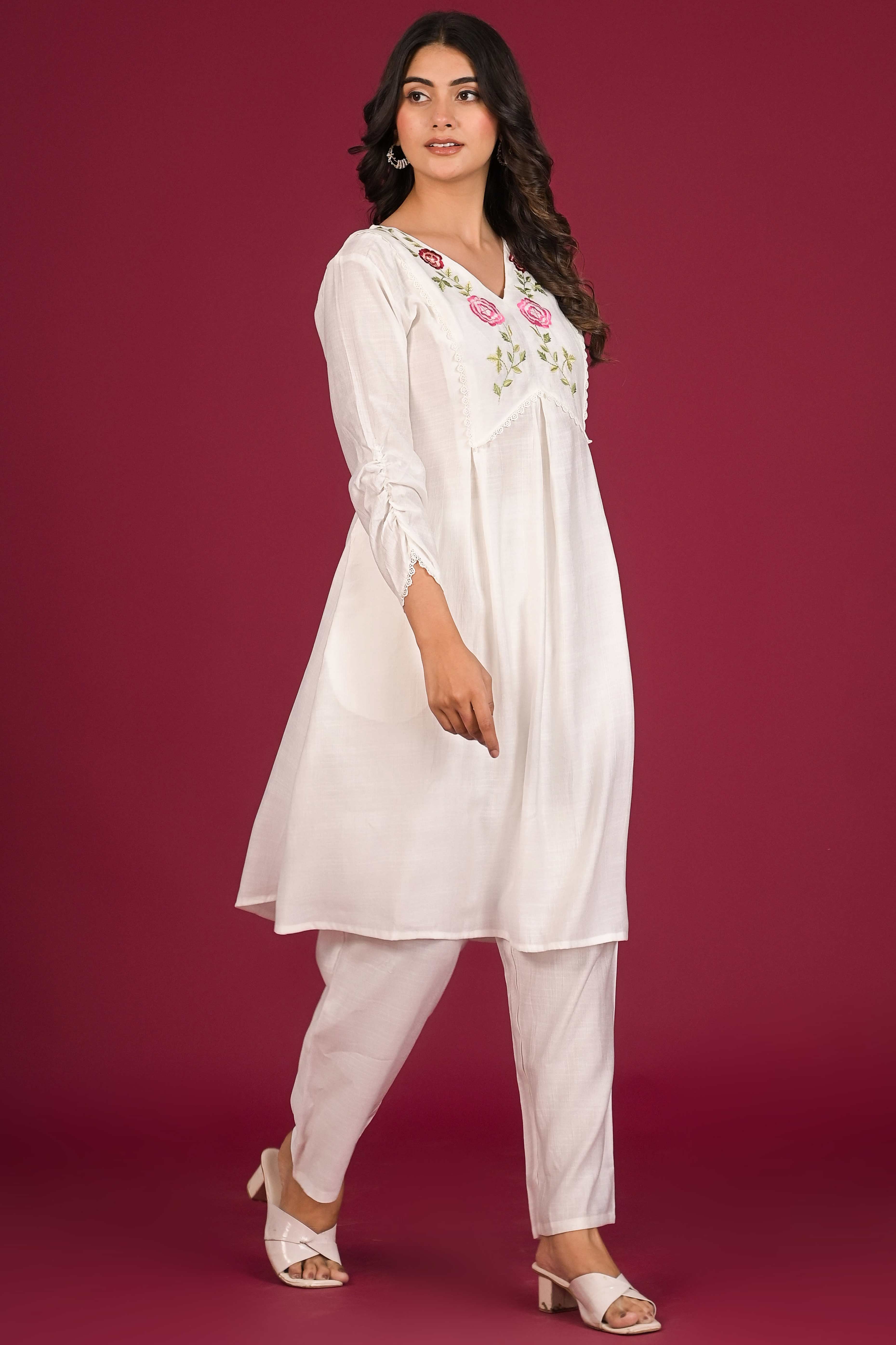 White Neck Embroidered Viscose Top Bottom Set
