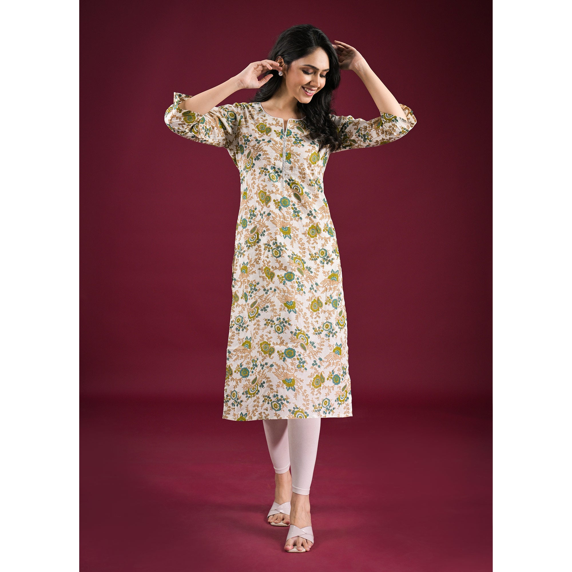 Off White Floral Printed Pure Cotton Straight Kurti