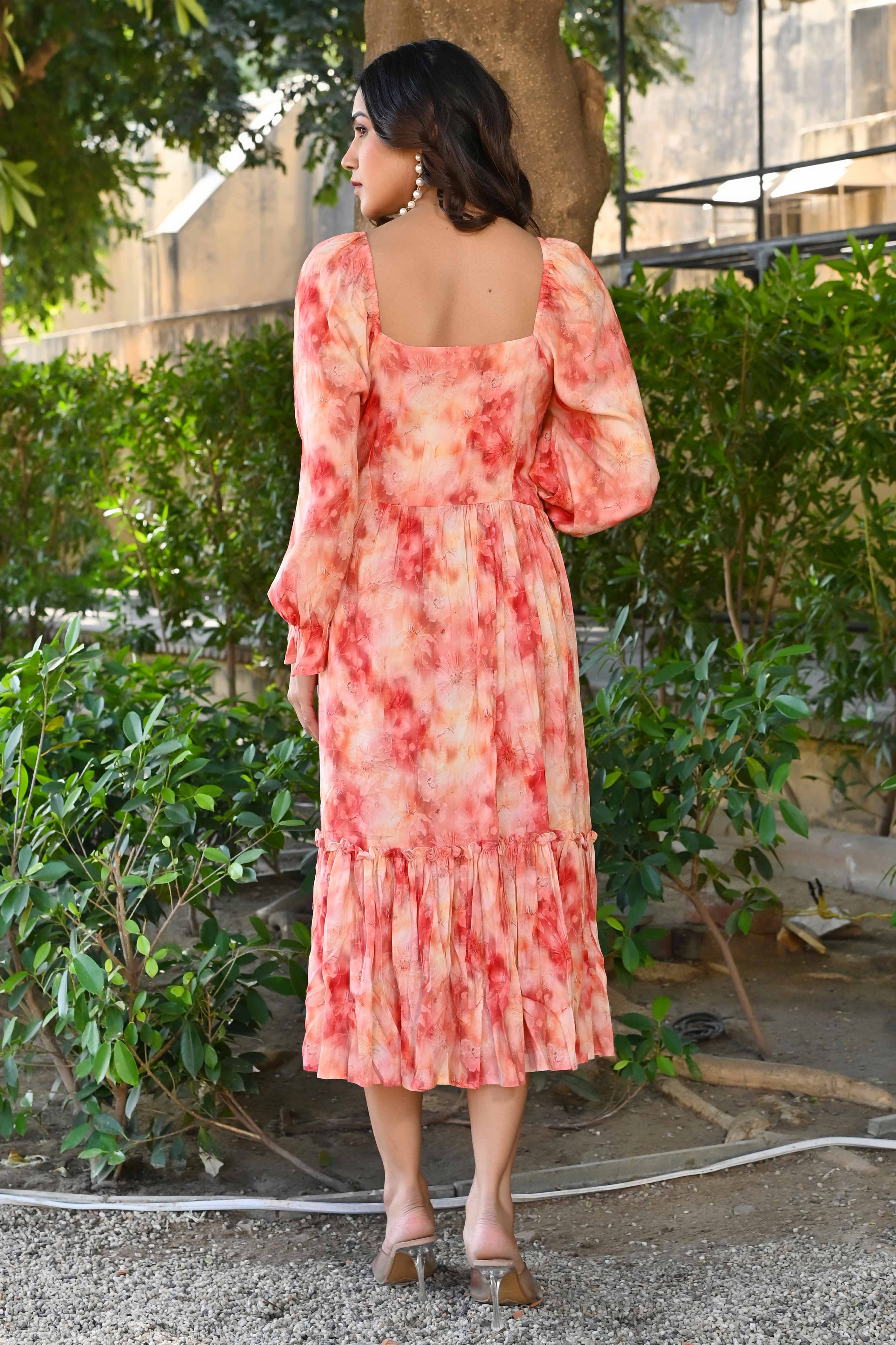 Peach Floral Printed Rayon Maxi Dress