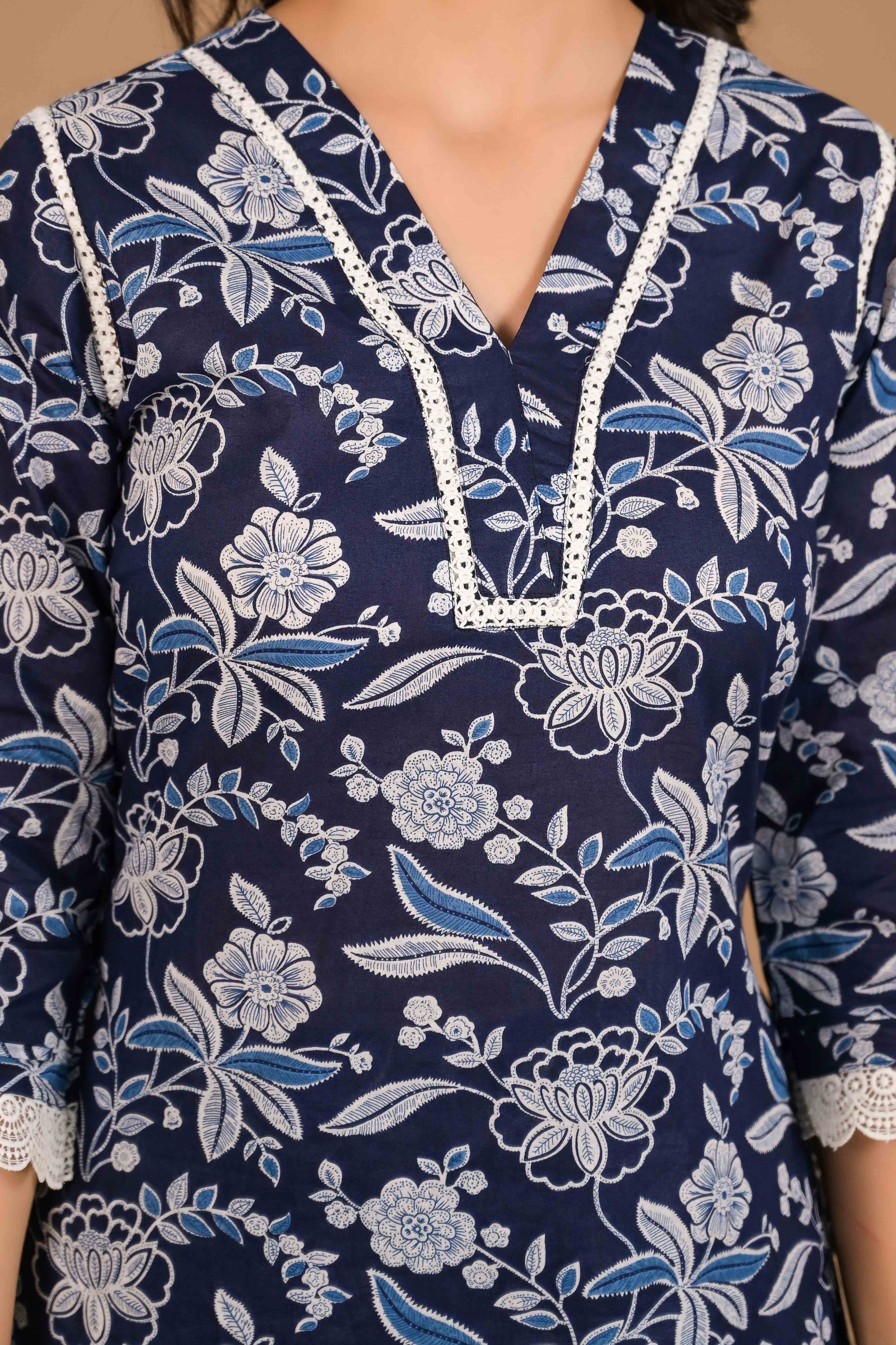 Navy Blue Floral Printed Pure Cotton Top Bottom Set