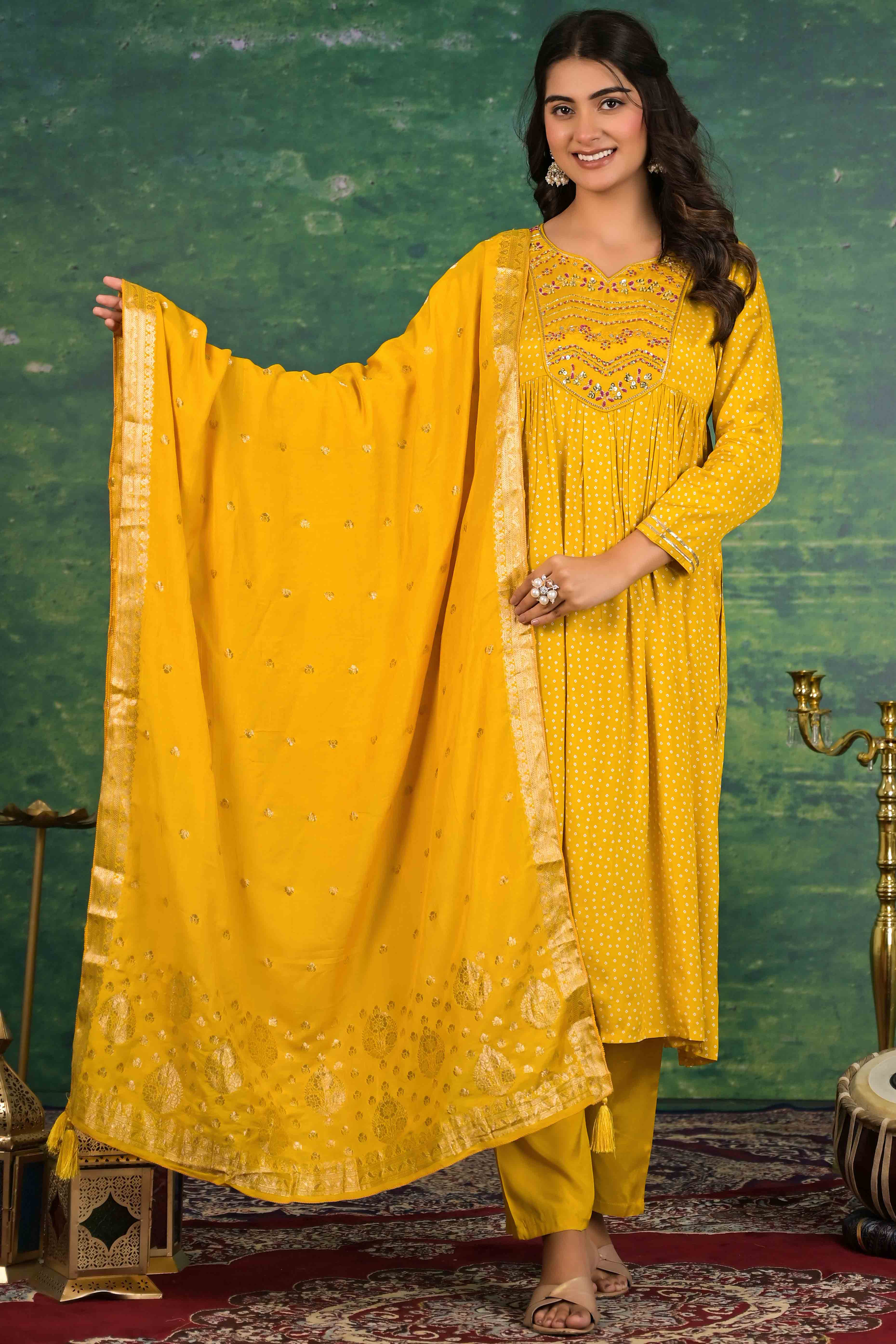 Mustard Yoke Embroidered Anarkali Muslin Salwar Suit