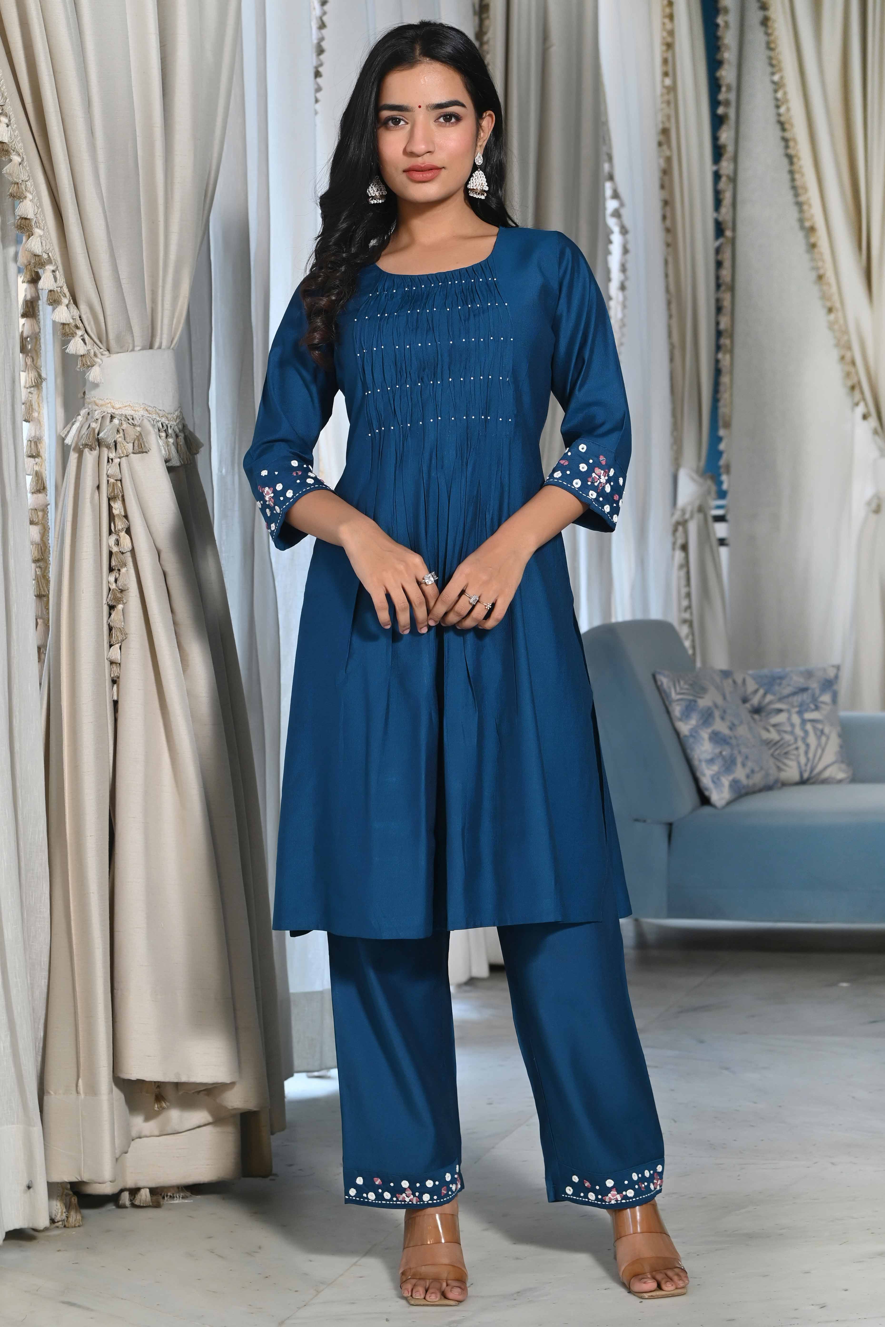 Blue Embroidered Viscose Salwar Suit