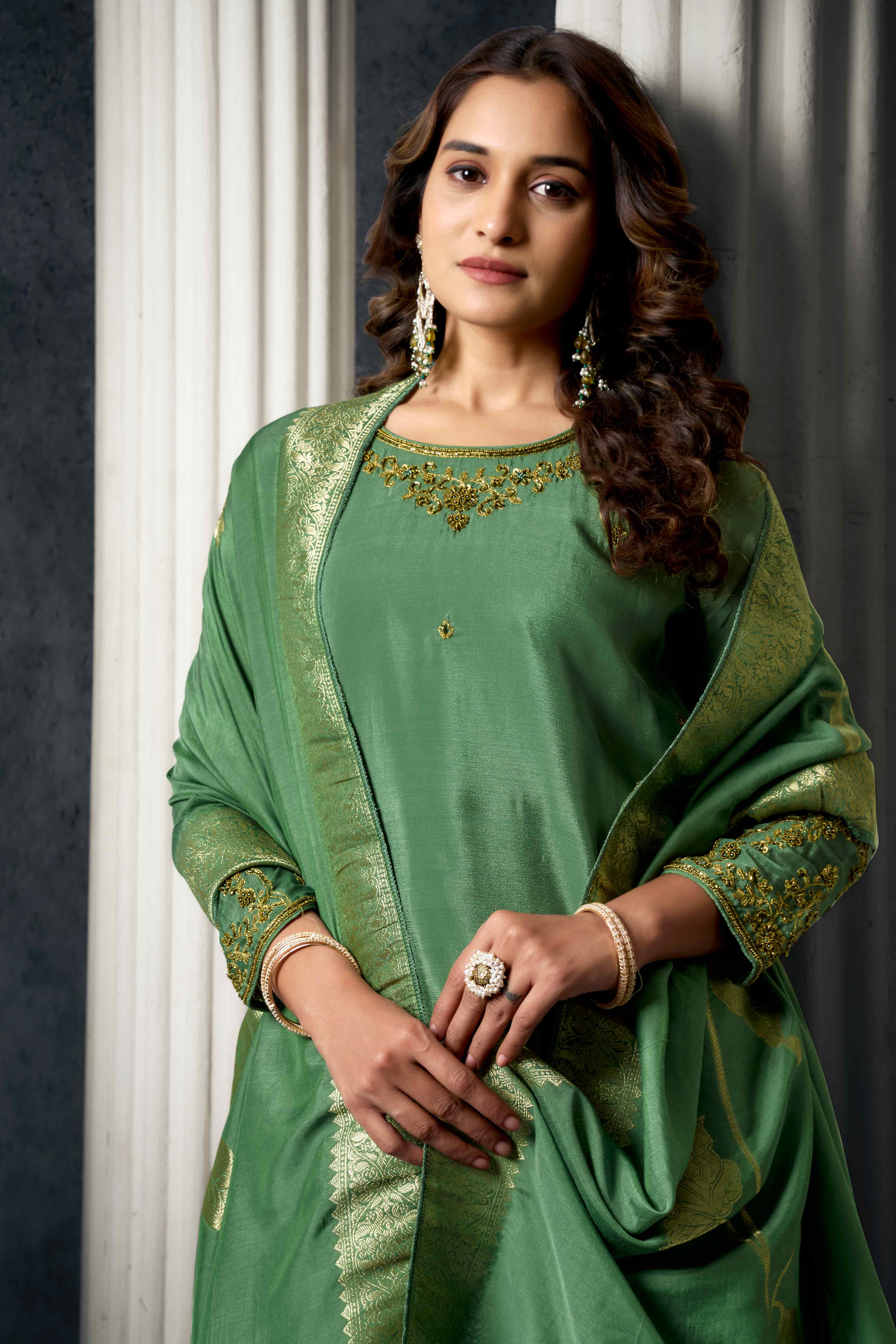 Olive Zardosi Work Embroidered Pure Chinon Sharara Suit