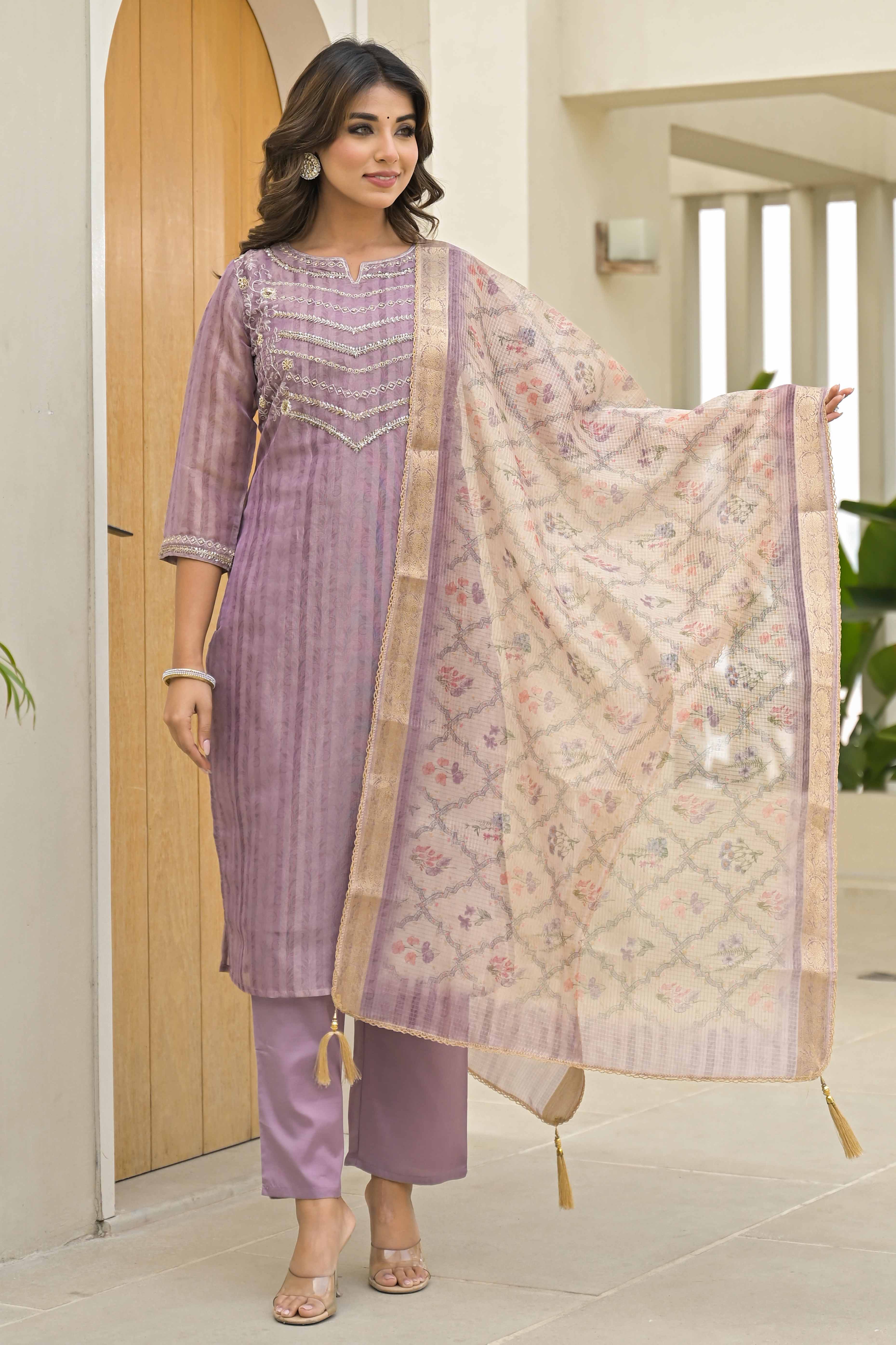 Lavender Embroidered Handwork Crush Chanderi Salwar Suit