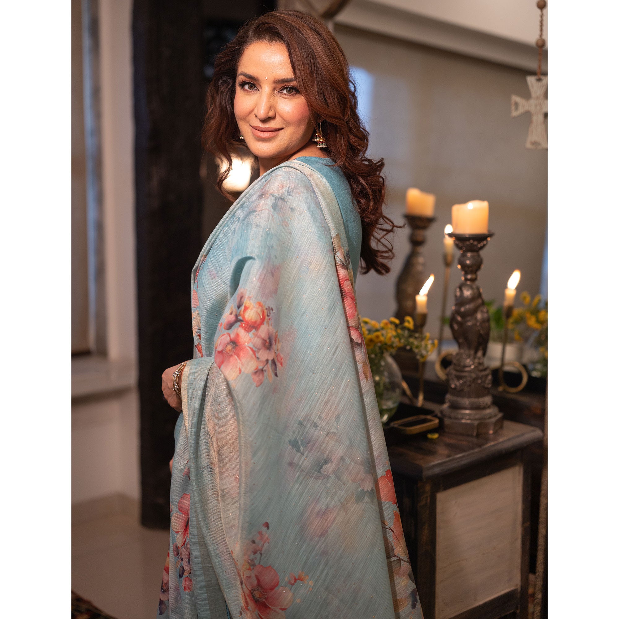 Sky Blue Neck Embroidered Viscose A-Line Salwar Suit