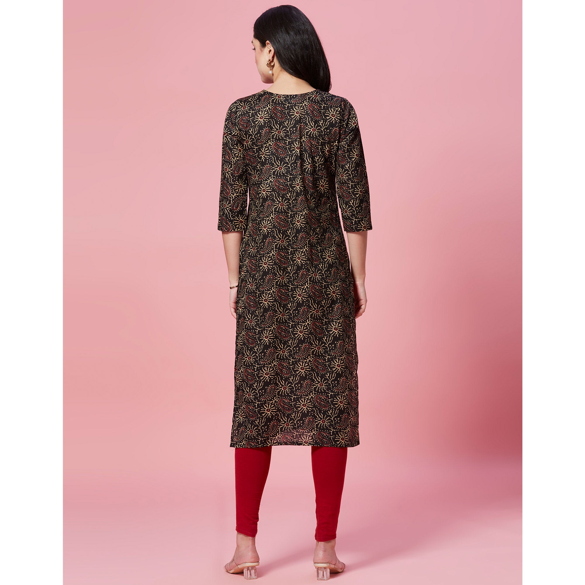 Black Floral Printed Pure Cotton Straight Kurti