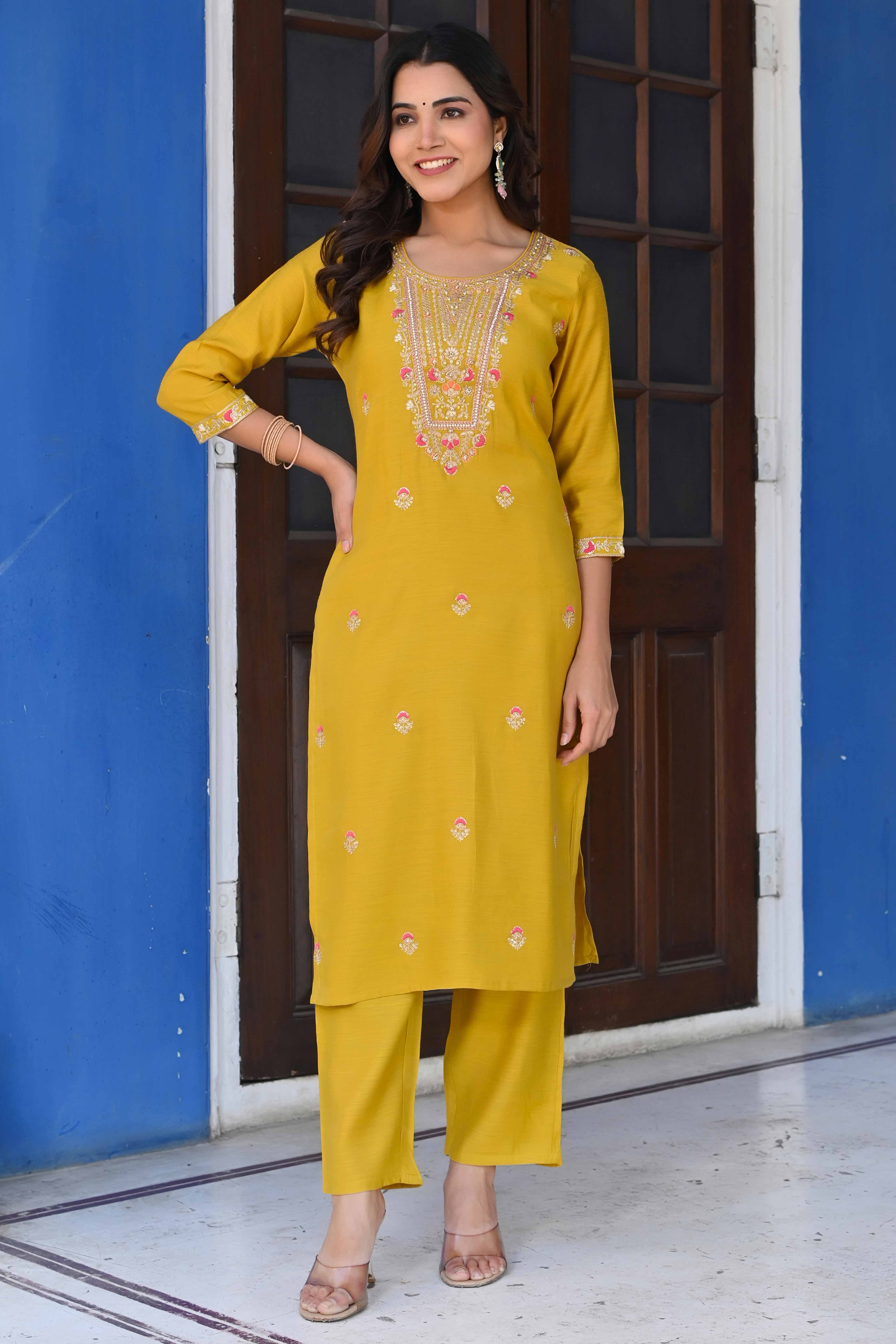 Mustard Handwork Embroidered Viscose Straight Salwar Suit