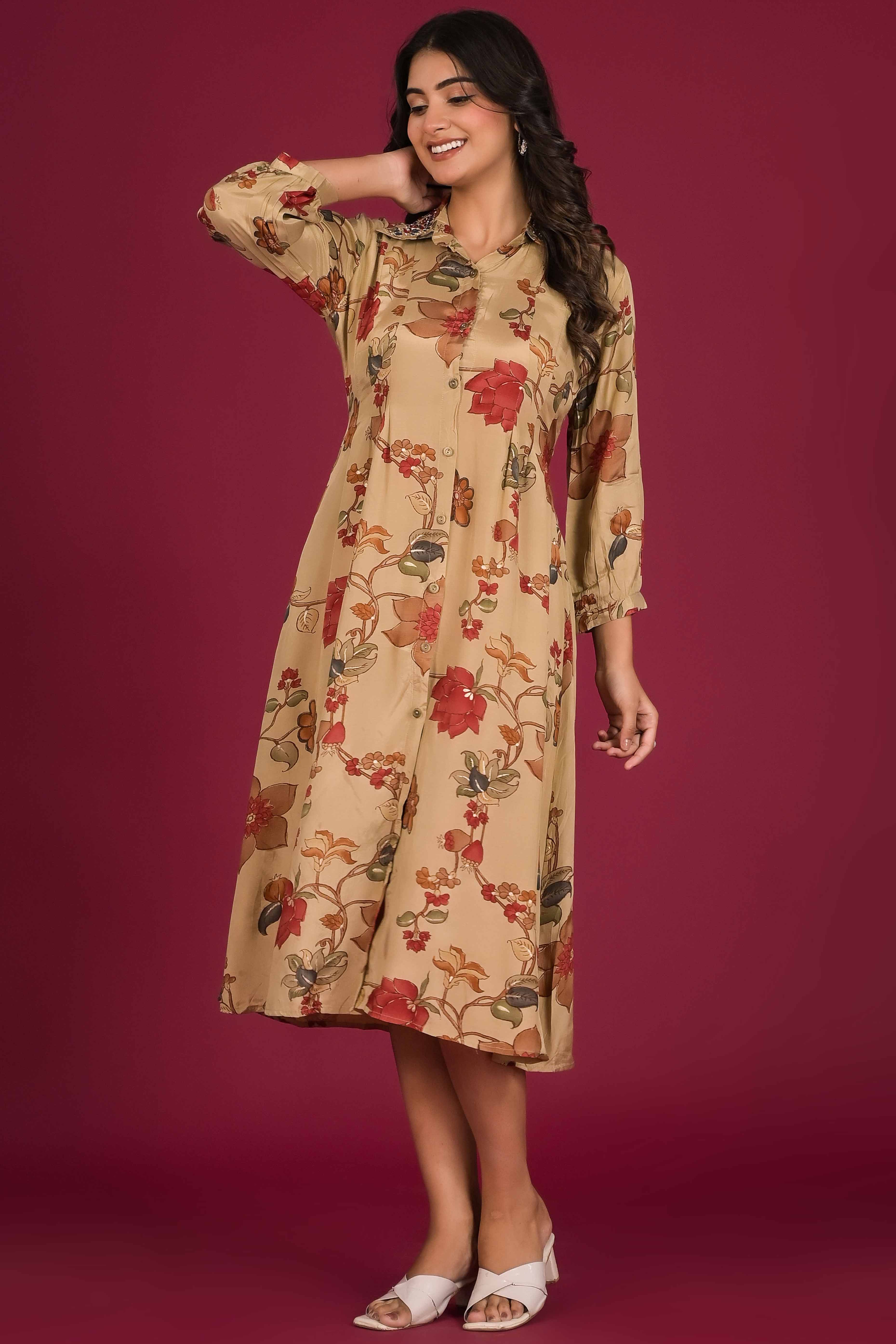 Chikoo Floral Printed Muslin A-Line Dress