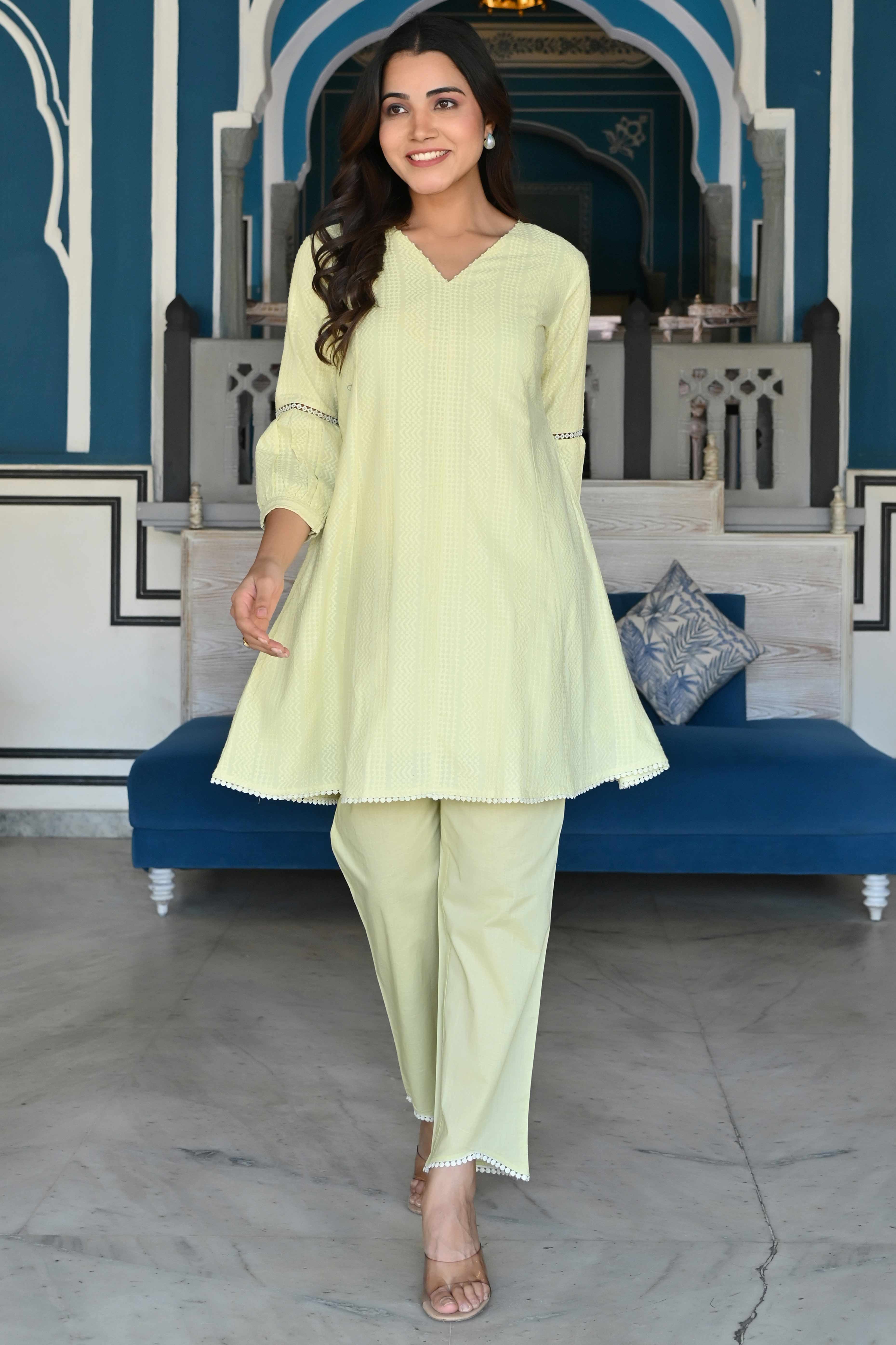 Lemon Yellow Dobby Work Pure Cotton Co-Ord Set