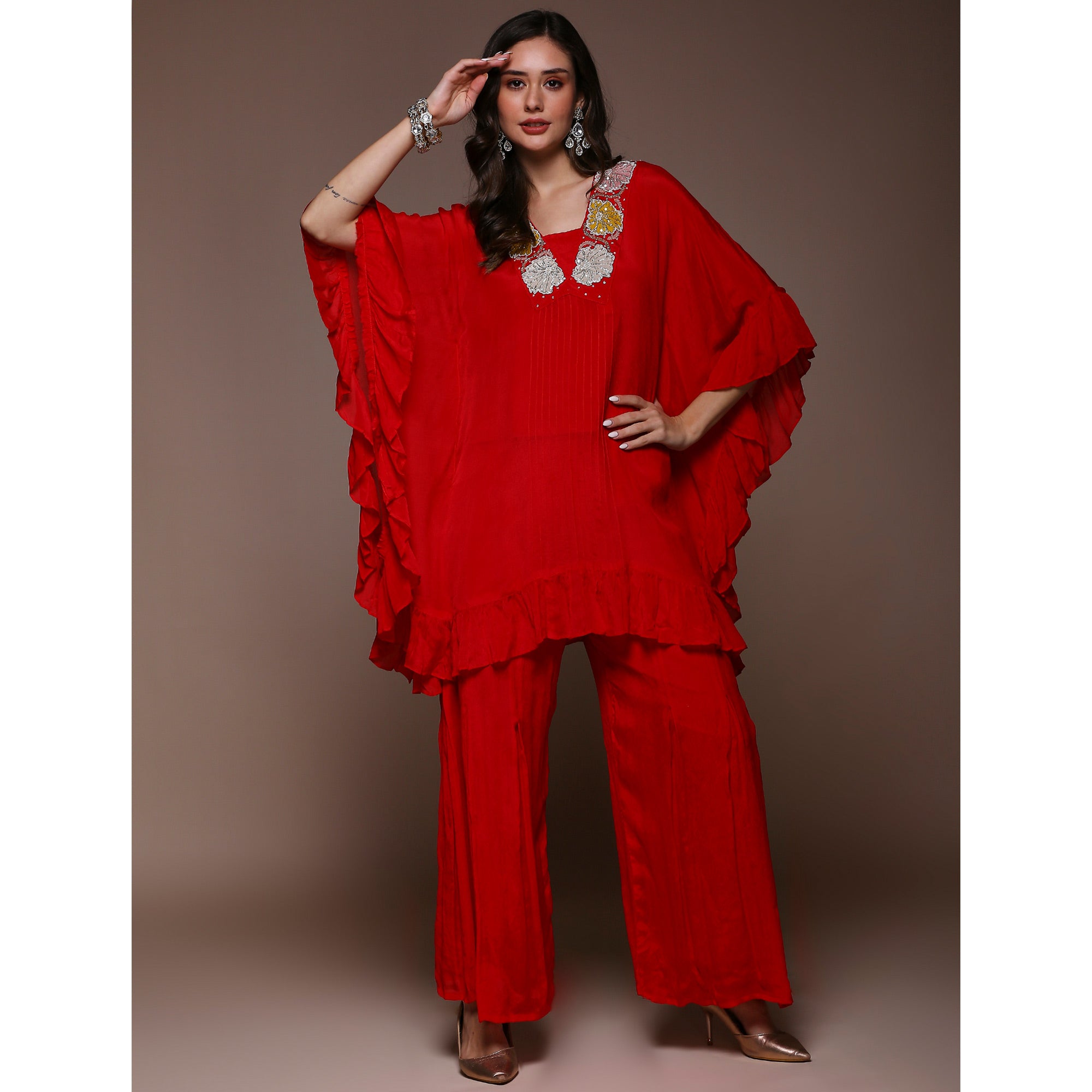 Crimson Red Embroidered Kaftan Style Chinon Co-Ord Set