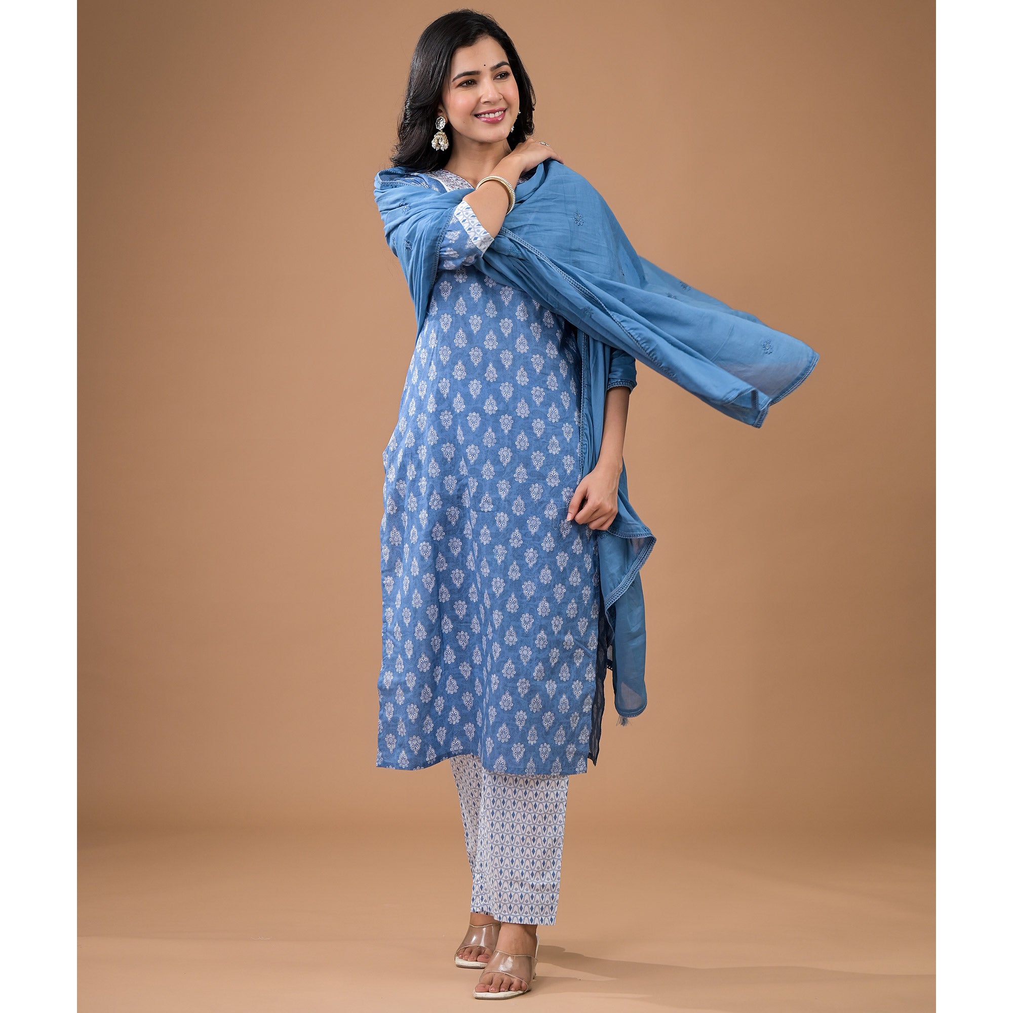 Blue Floral Printed Pure Cotton Salwar Suit