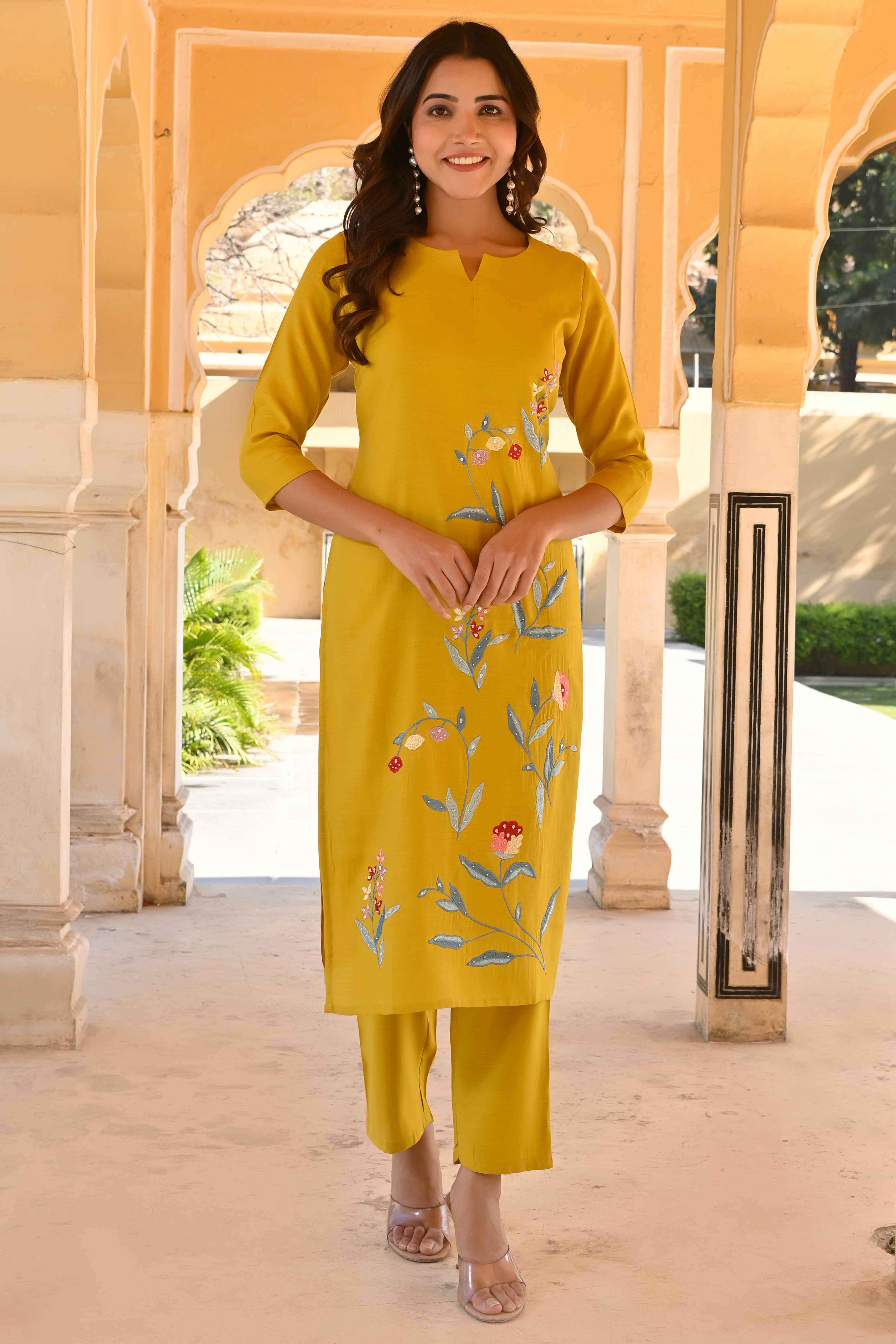 Mustard Floral Embroidered Viscose Straight Salwar Suit