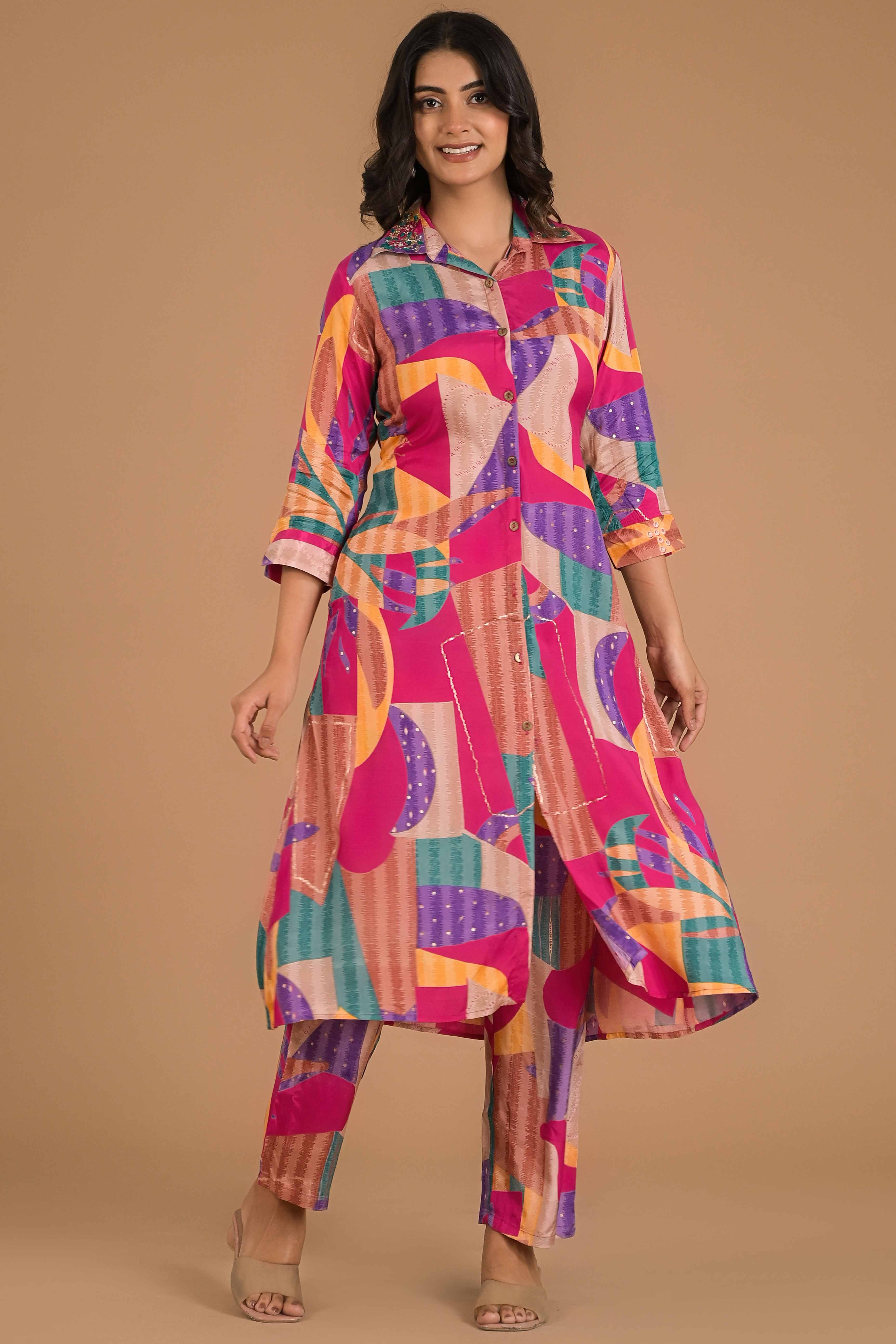 Multicolor Abstract Printed Muslin Co-Ord Set