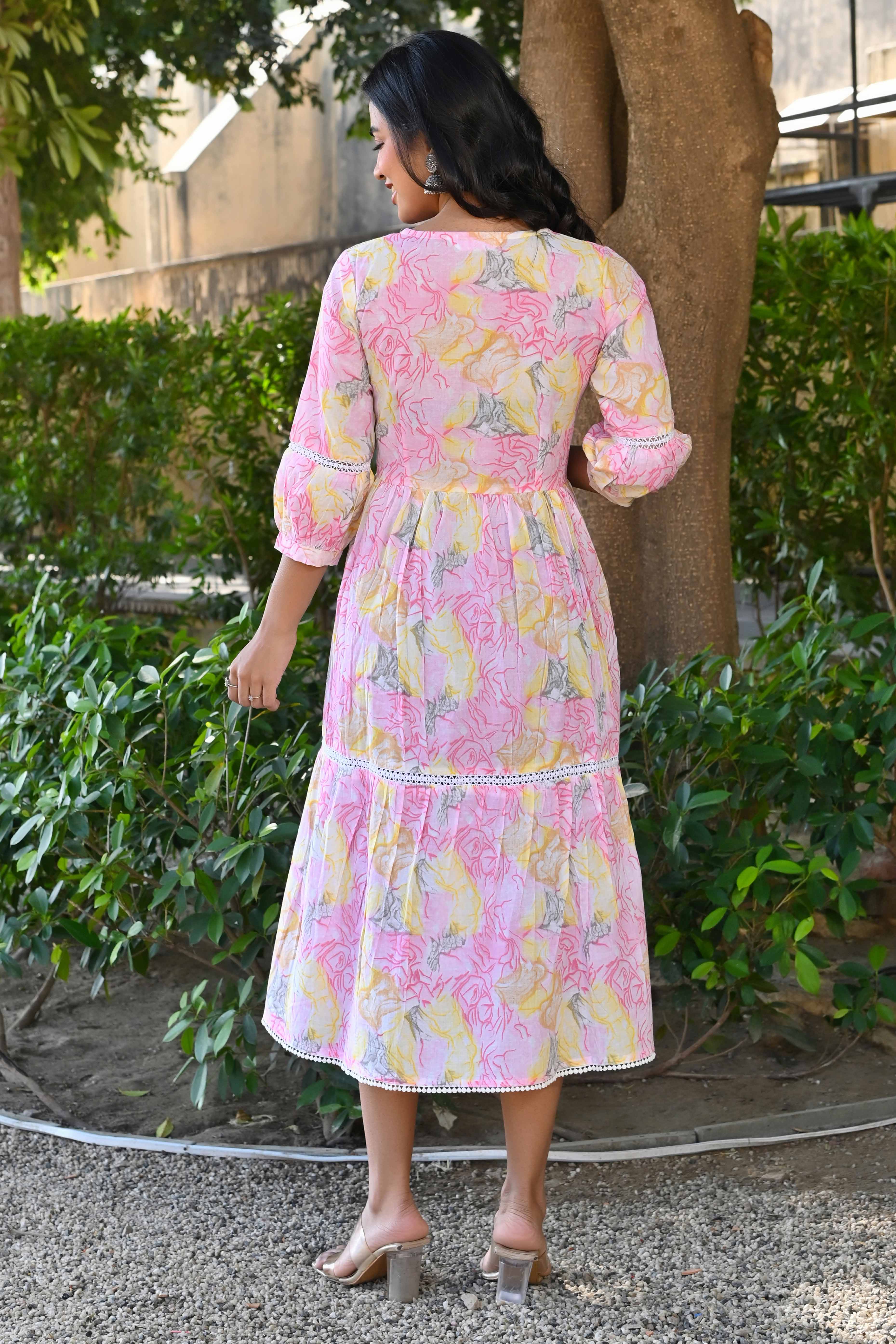 Yellow & Pink Floral Printed Pure Cotton Maxi Dress