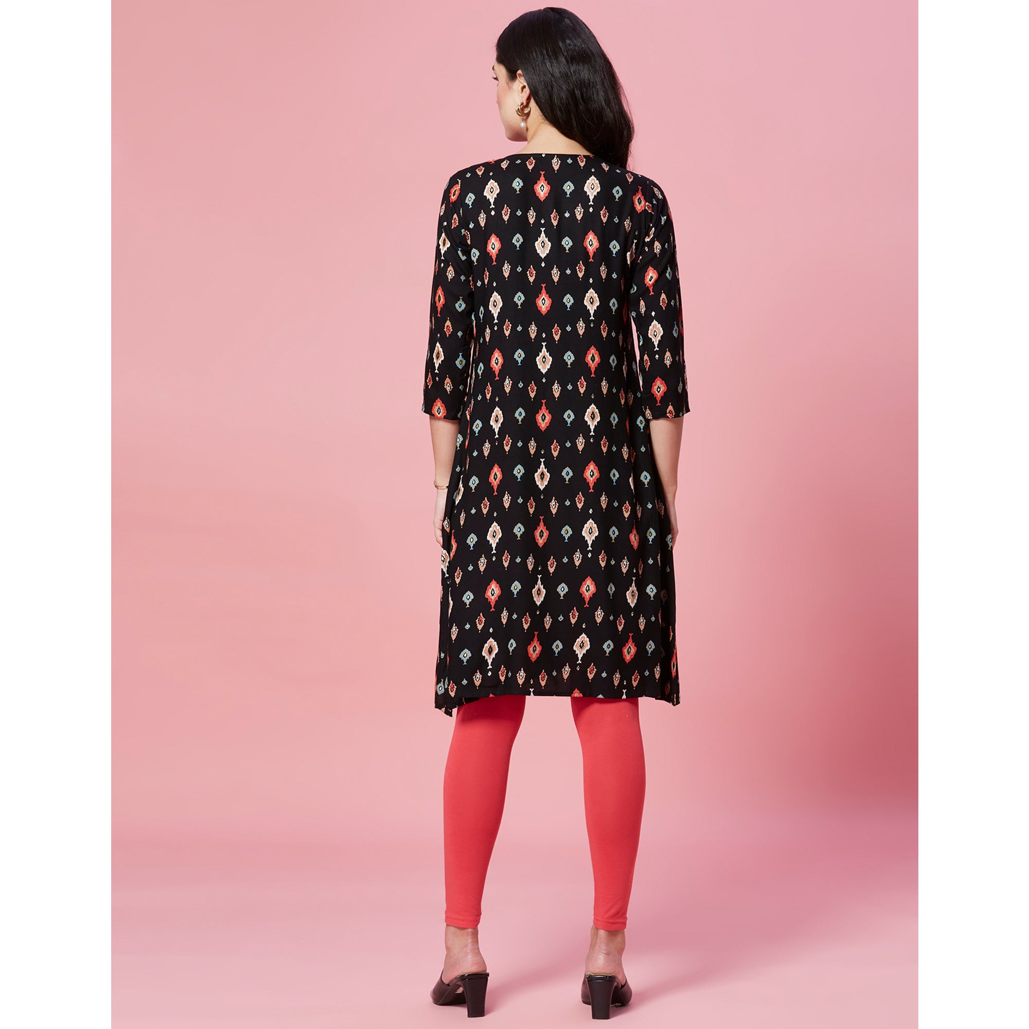 Black Ikkat Printed Rayon Straight Kurti