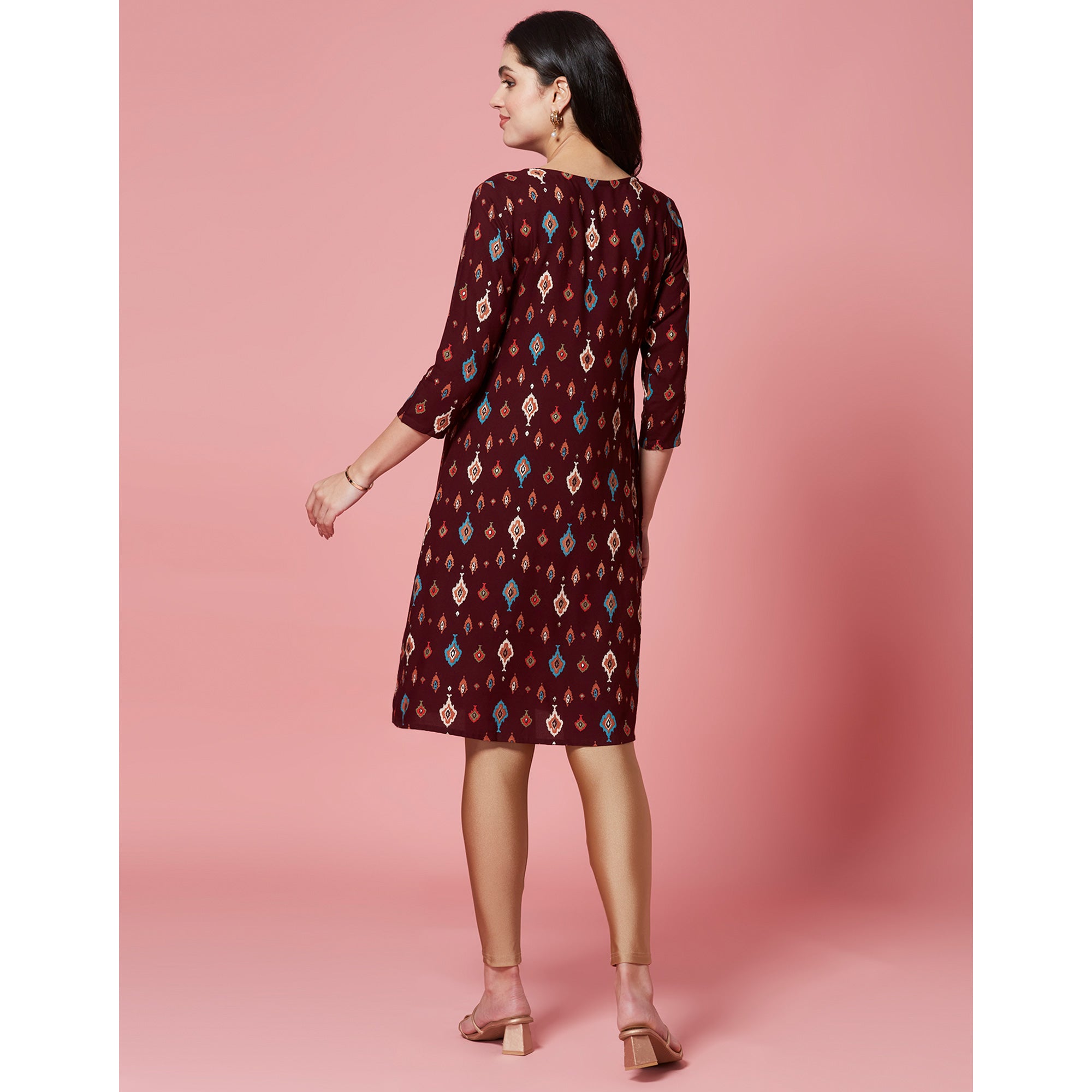 Maroon Ikkat Printed Rayon Straight Kurti