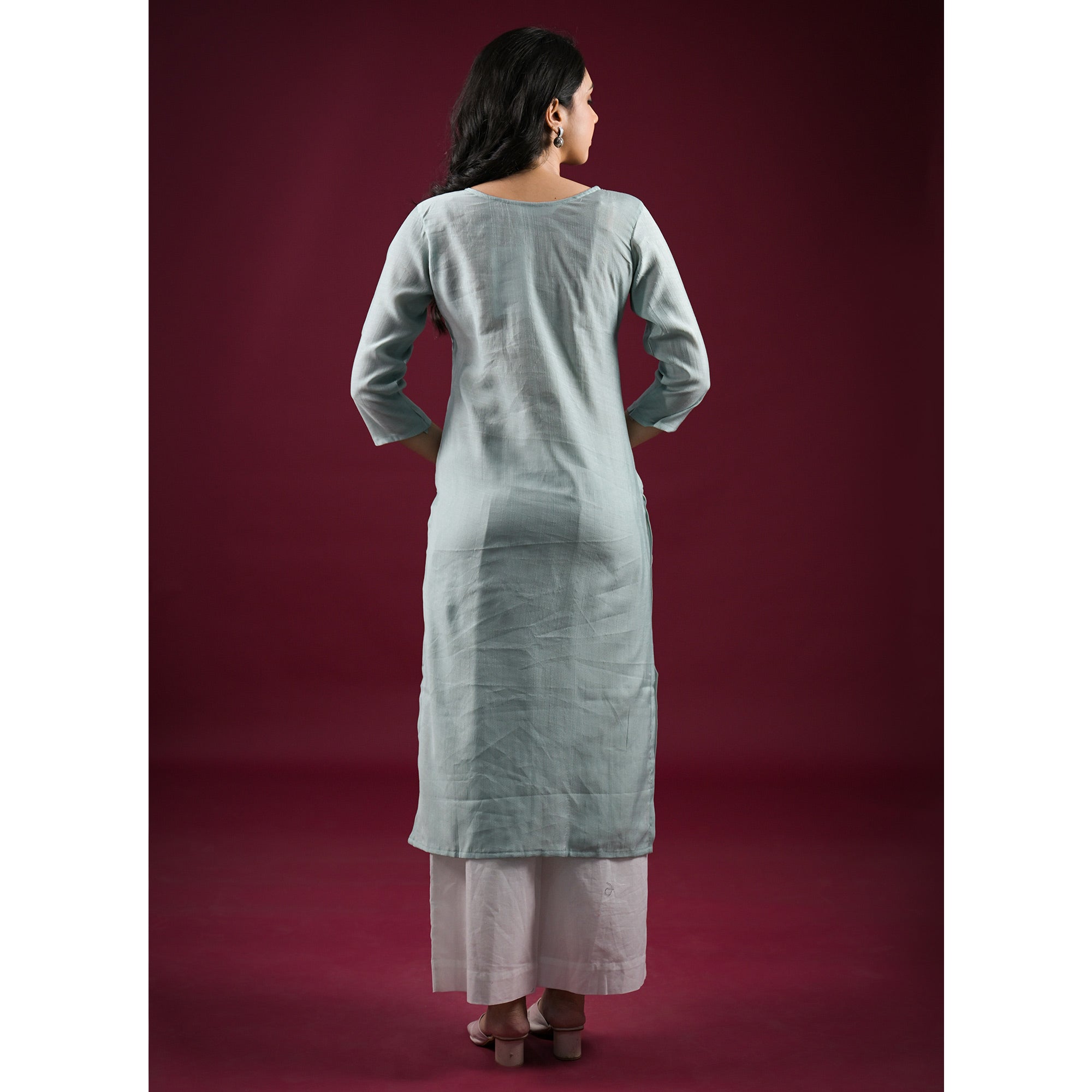 Mint Green Yoke Embroidered Viscose Straight Kurti