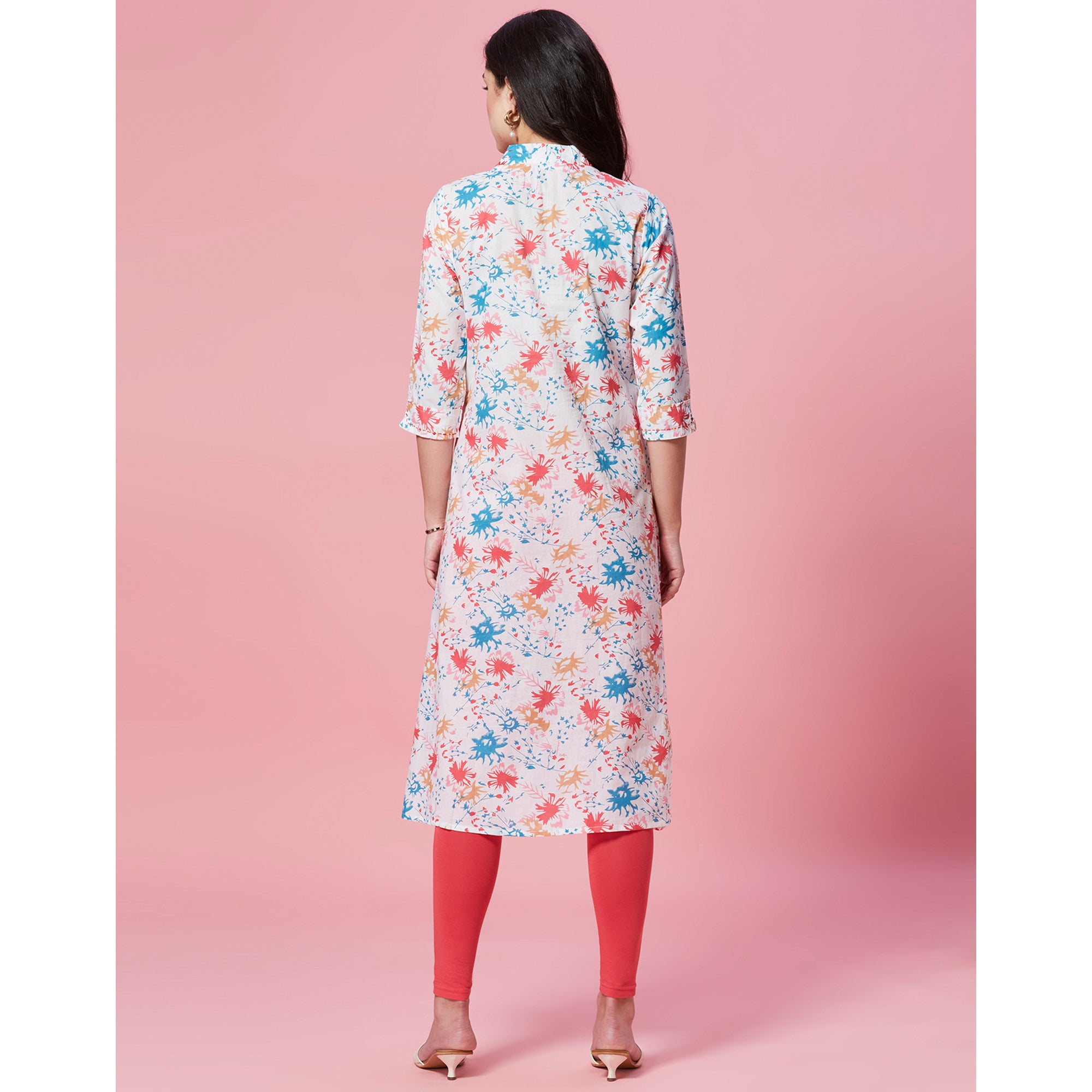 White Floral Printed Pure Cotton A-Line Kurti