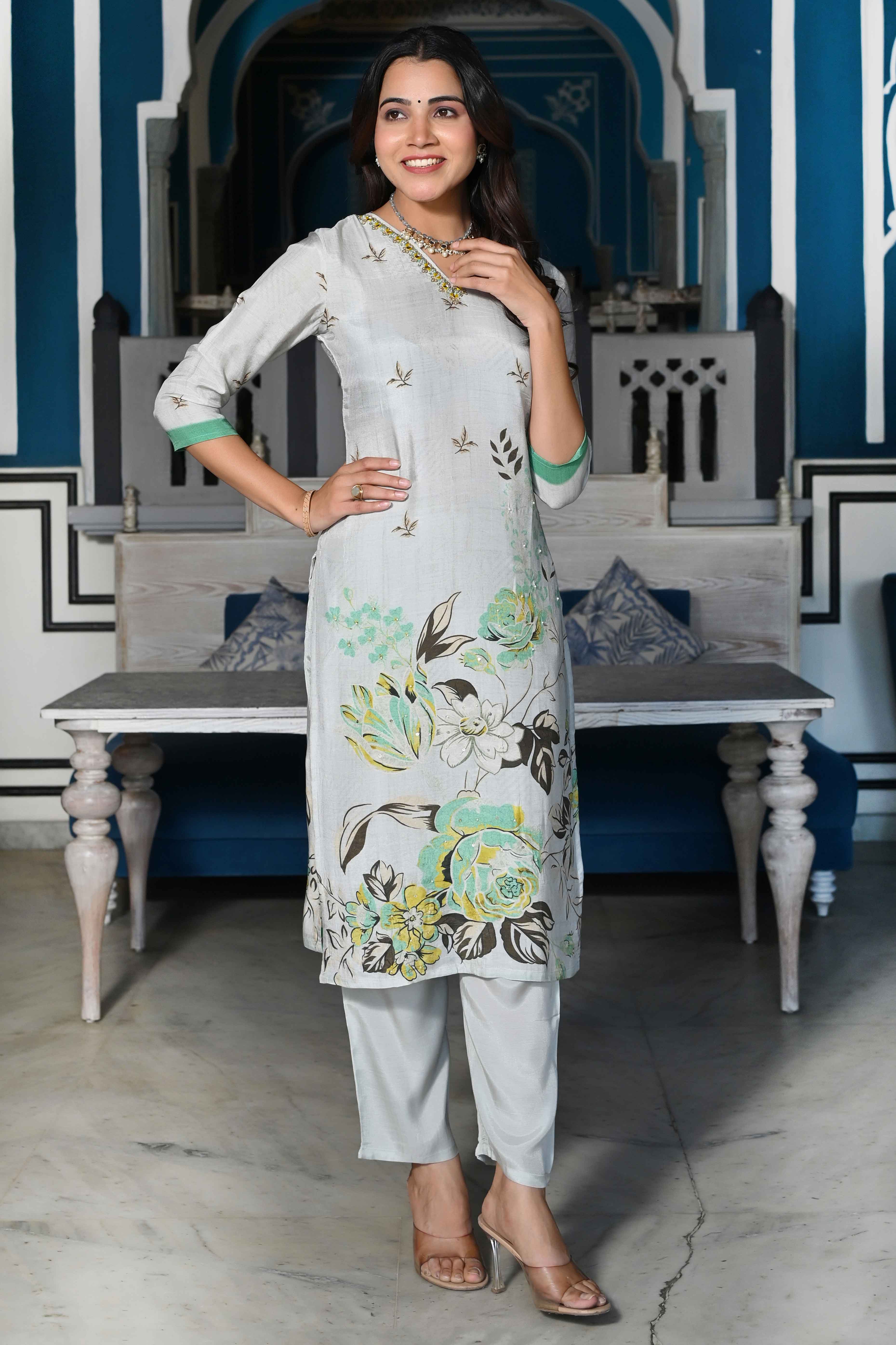 Grey Floral With Beads Work Printed Muslin Salwar Suit