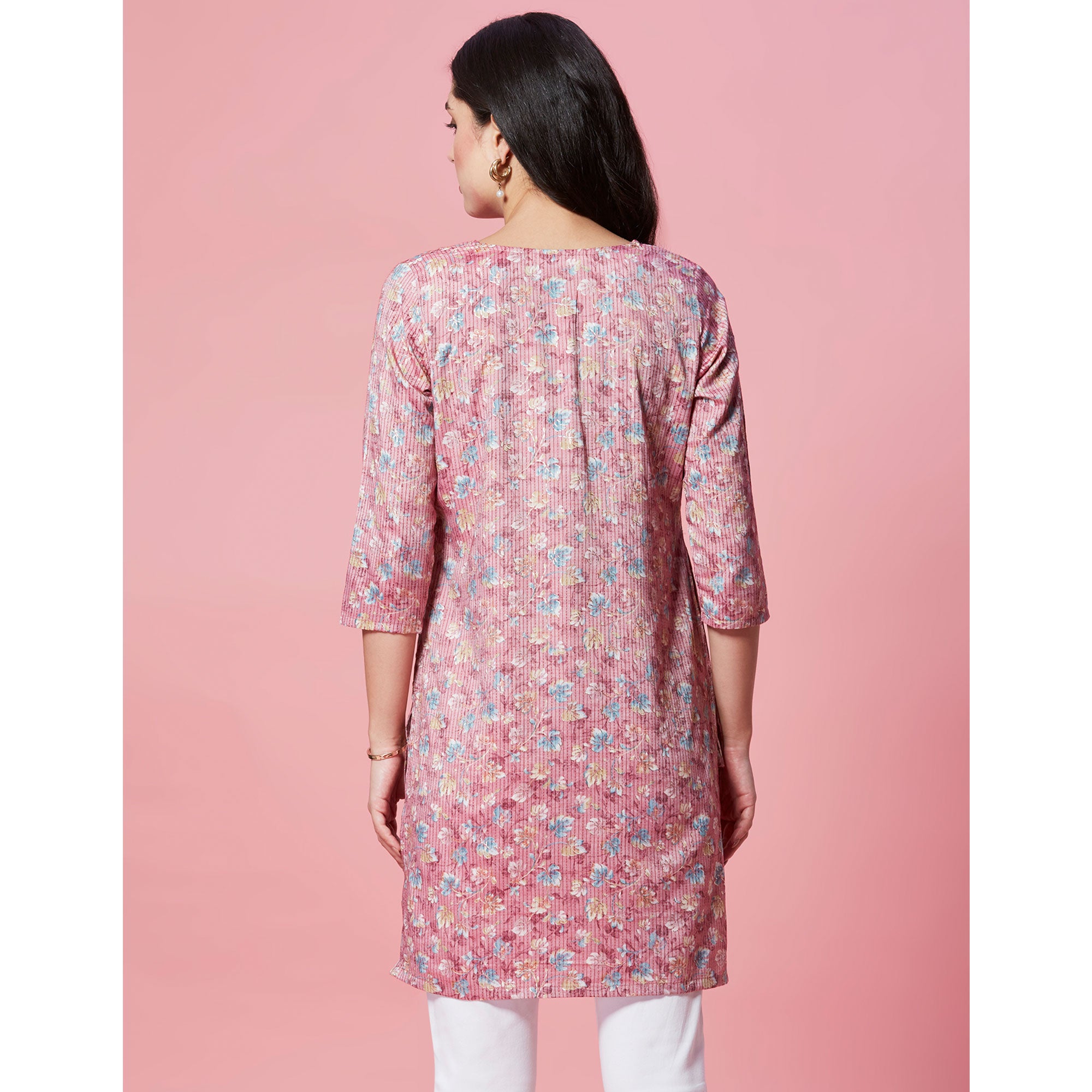 Mauve Floral Printed Pure Cotton Straight Kurti