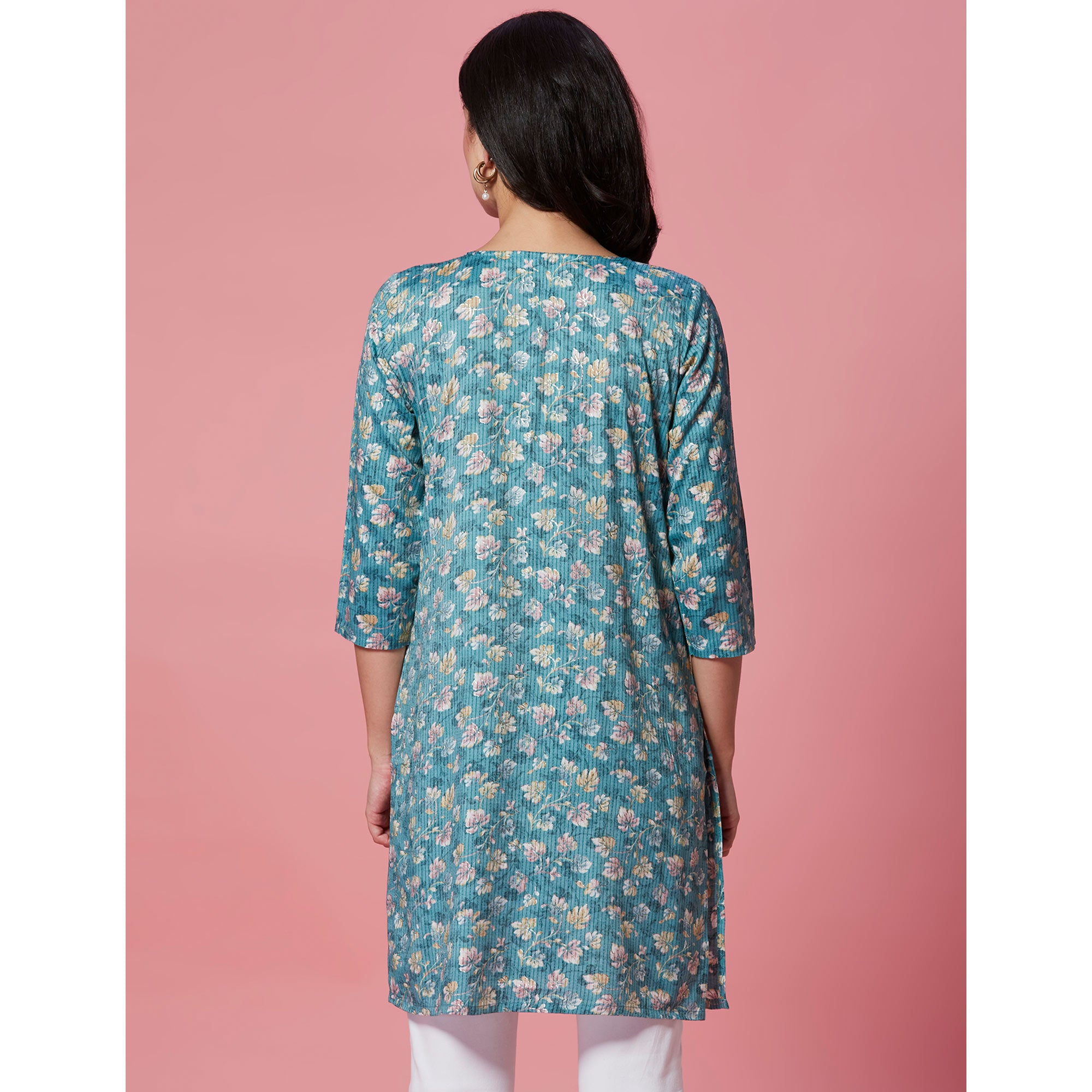 Turquoise Floral Printed Pure Cotton Straight Kurti