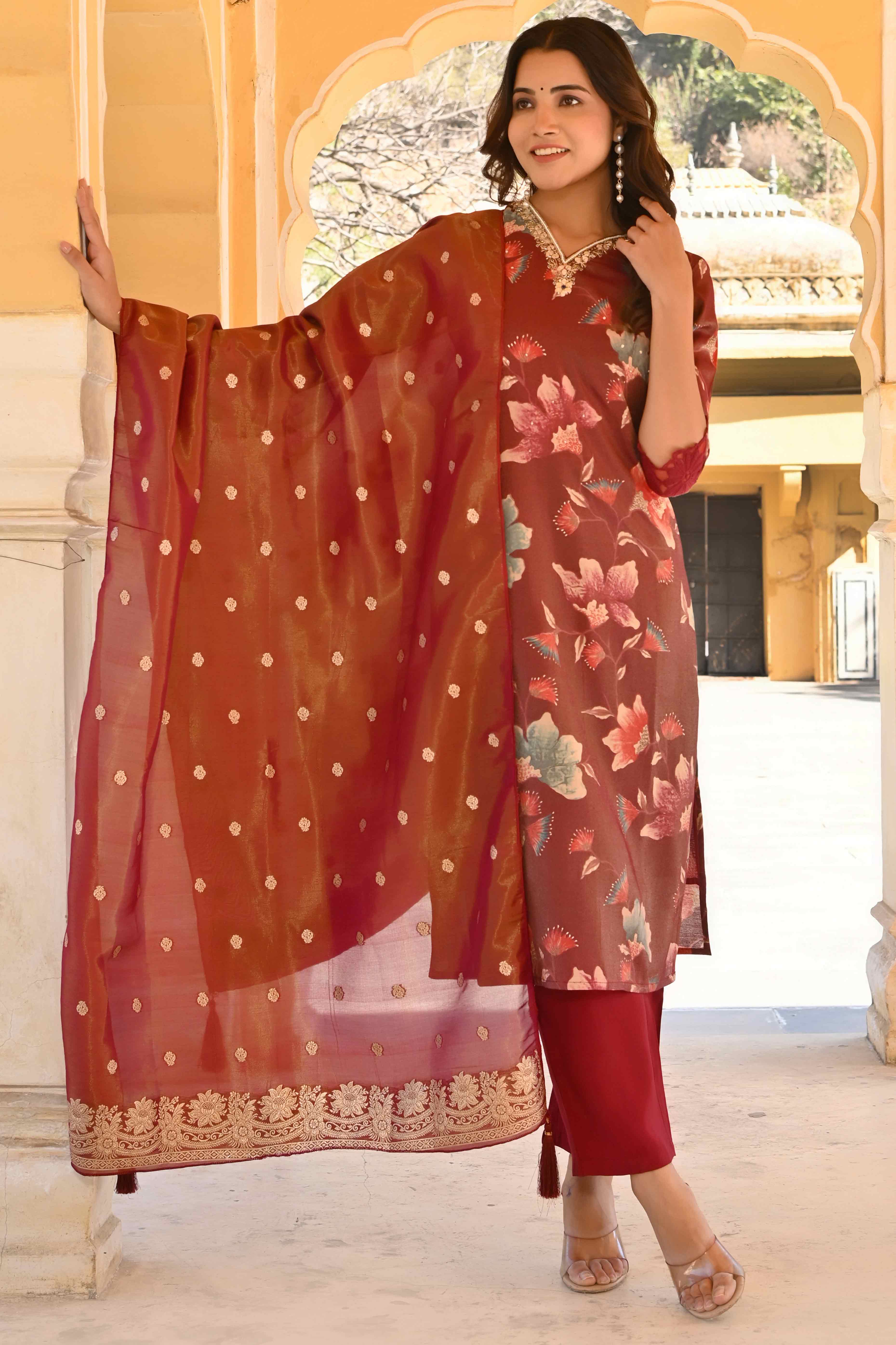 Wine Floral Foil Pinted With Handwork Viscose Salwar Suit