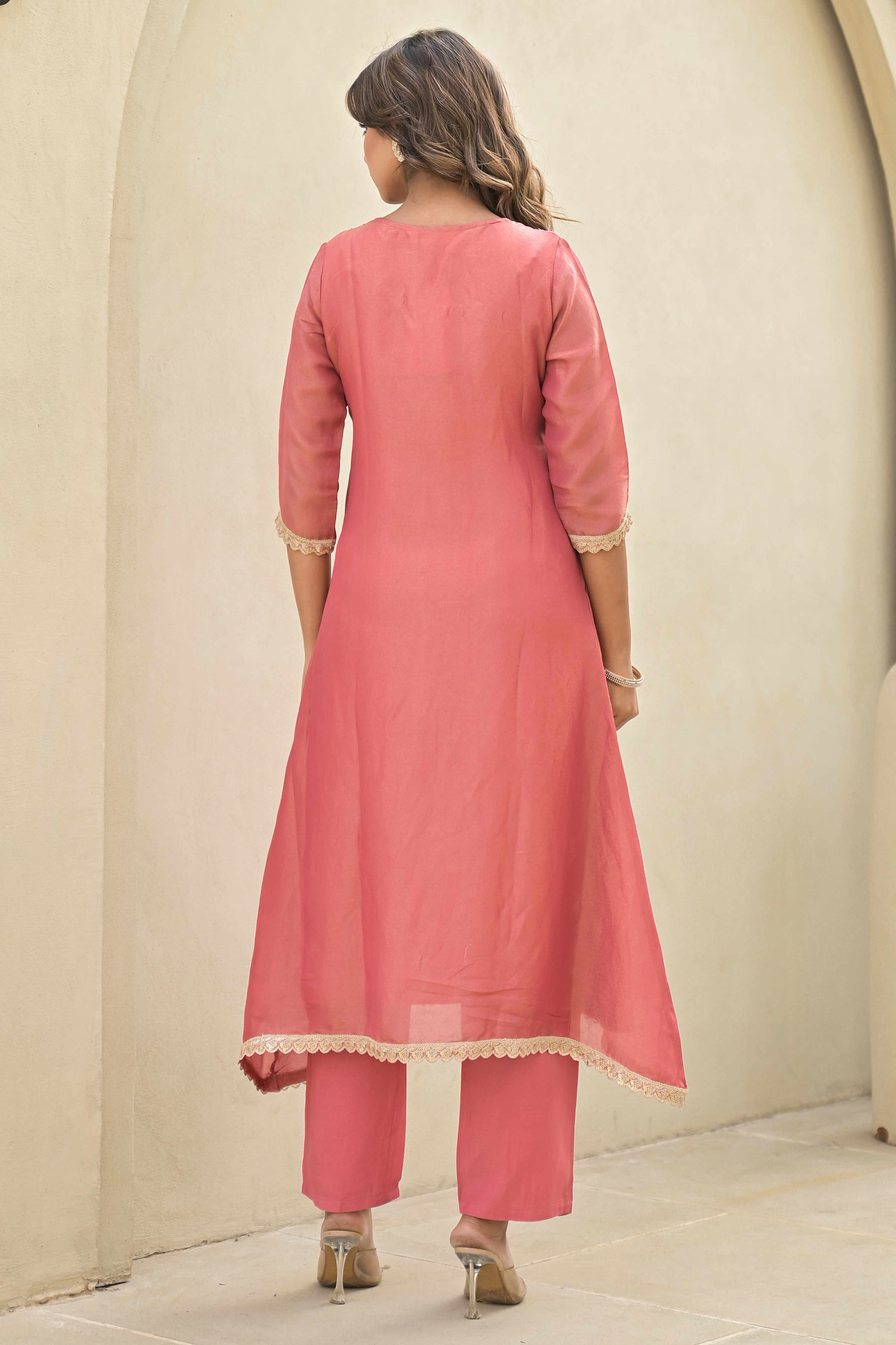 Peach Stone Work Embroidered Kanjivaram Silk Anarkali Salwar Suit