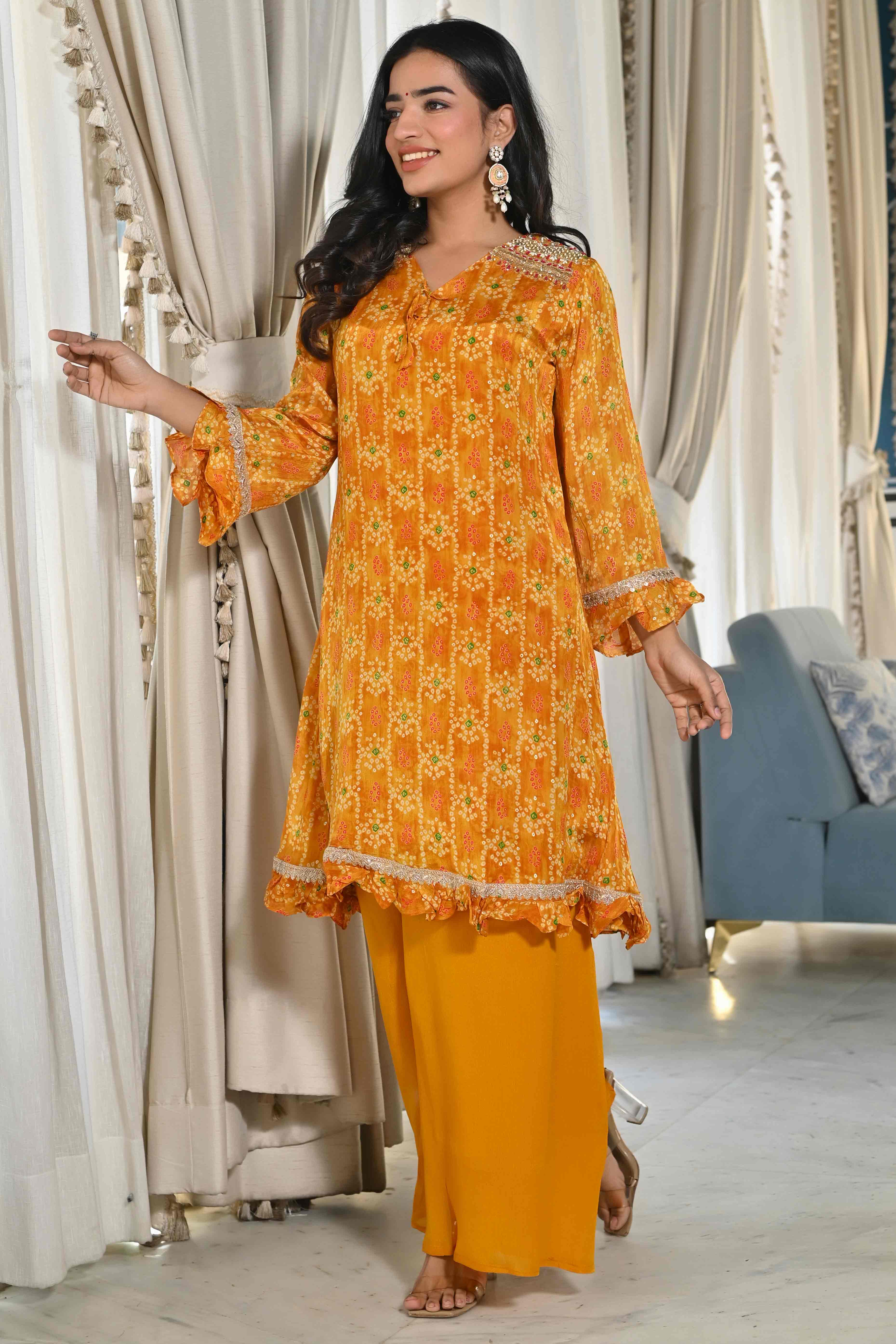 Mustard Bandhani Printed Chinon Co-Ord Set