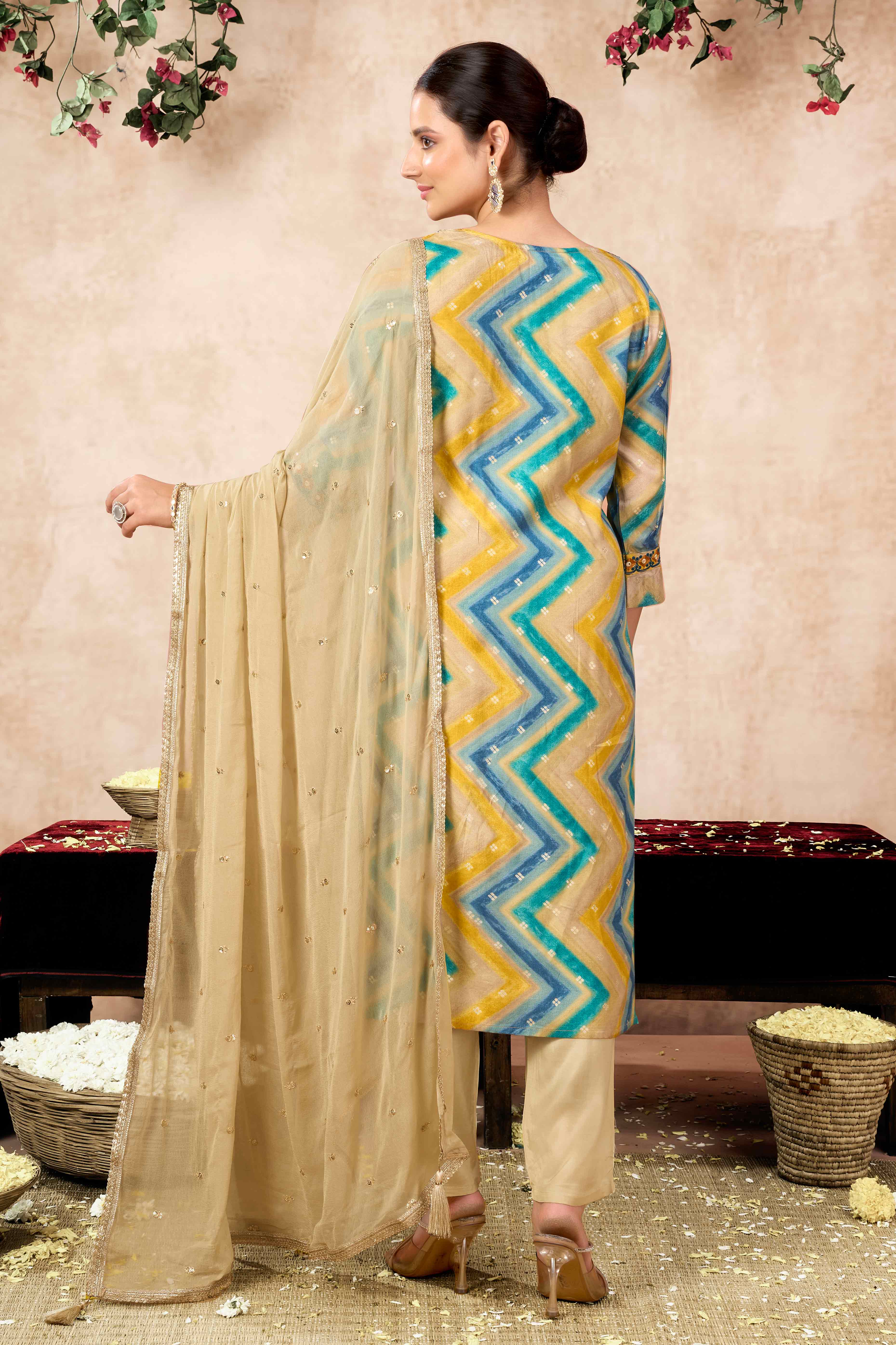 Morpich Embroidery With Printed Muslin Straight Salwar Suit