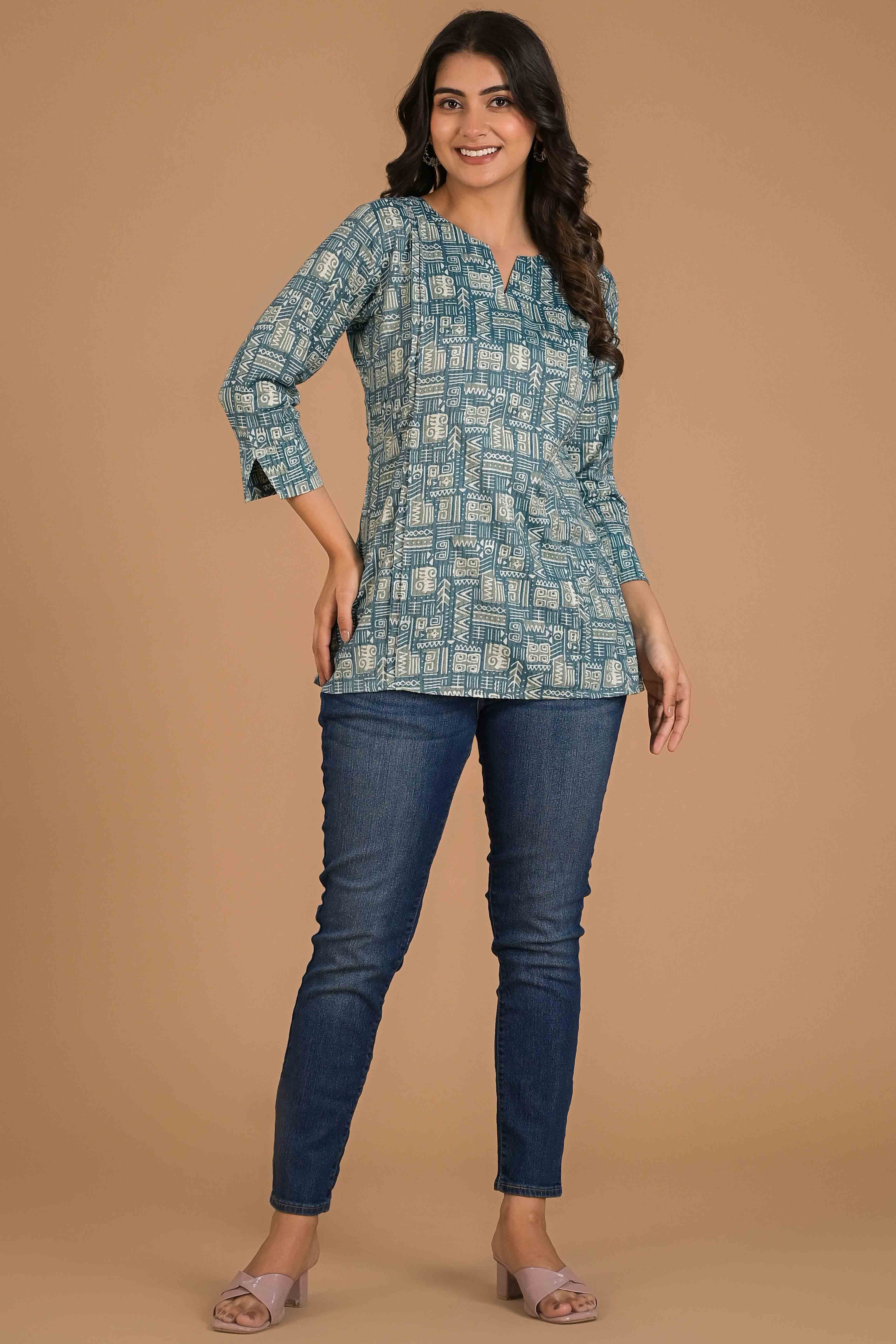 Blue Printed Pure Cotton Straight Top