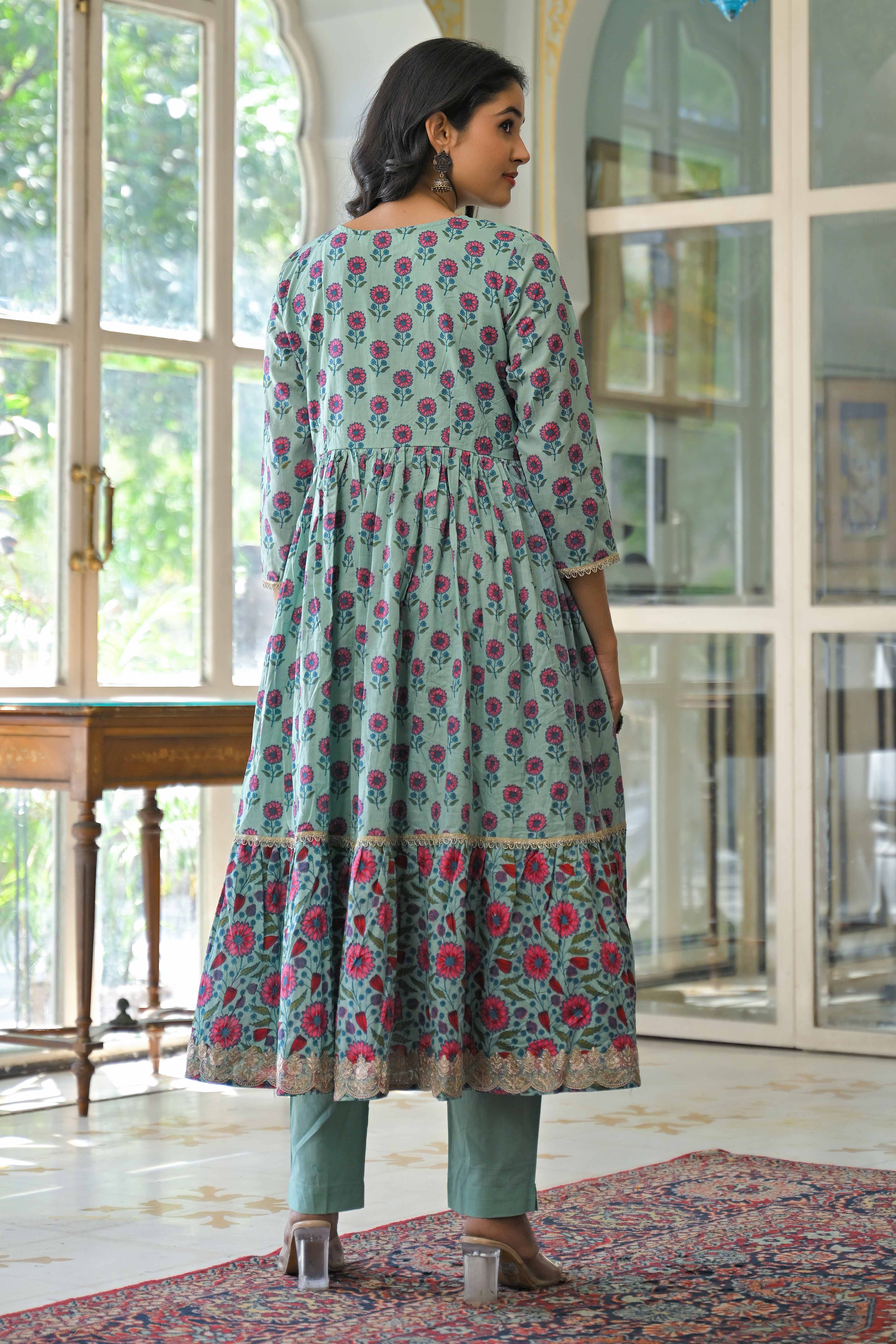 Mint Green Zardosi Work Floral Printed Pure Cotton Anarkali Salwar Suit