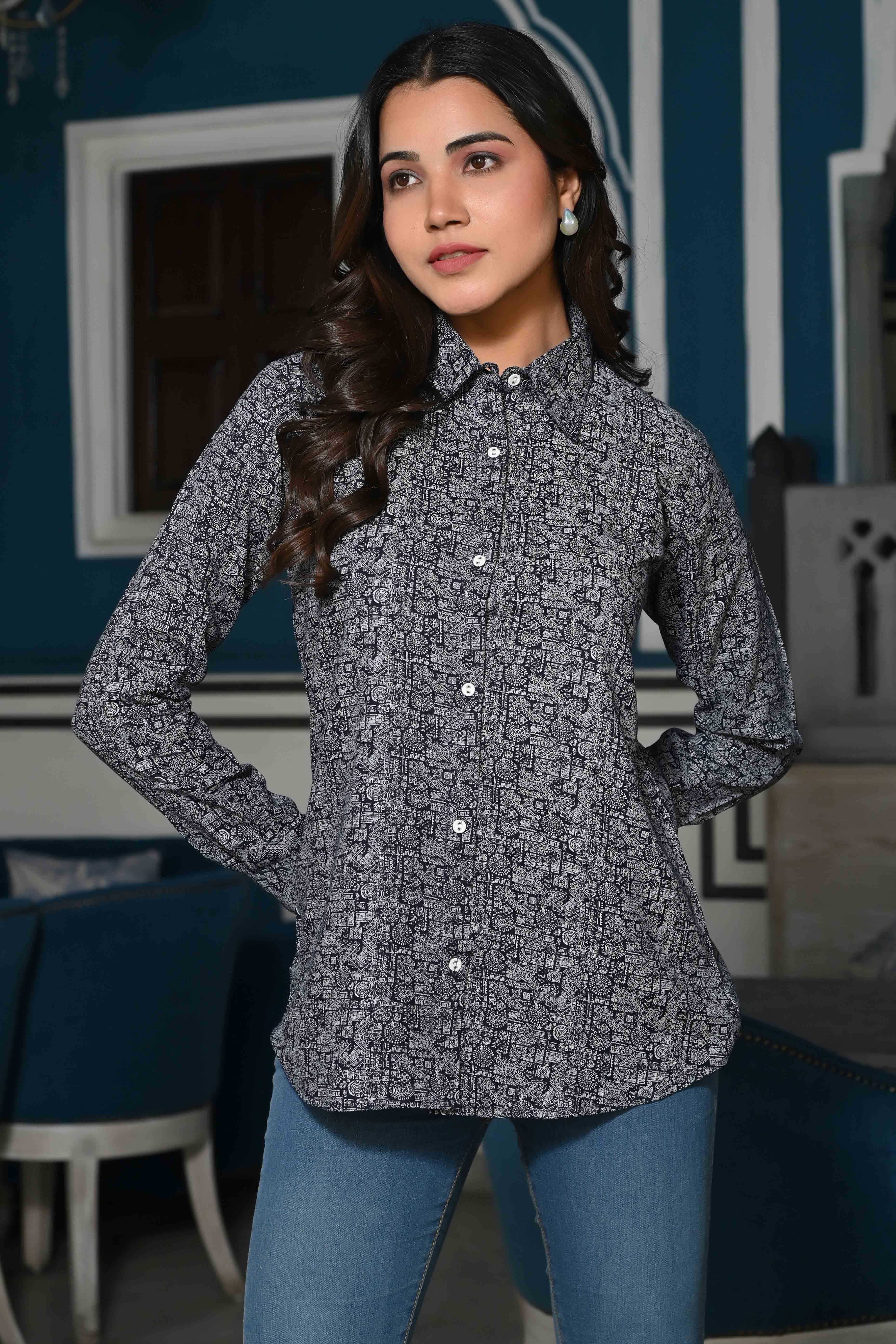 Grey Abstract Printed Pure Cotton Top