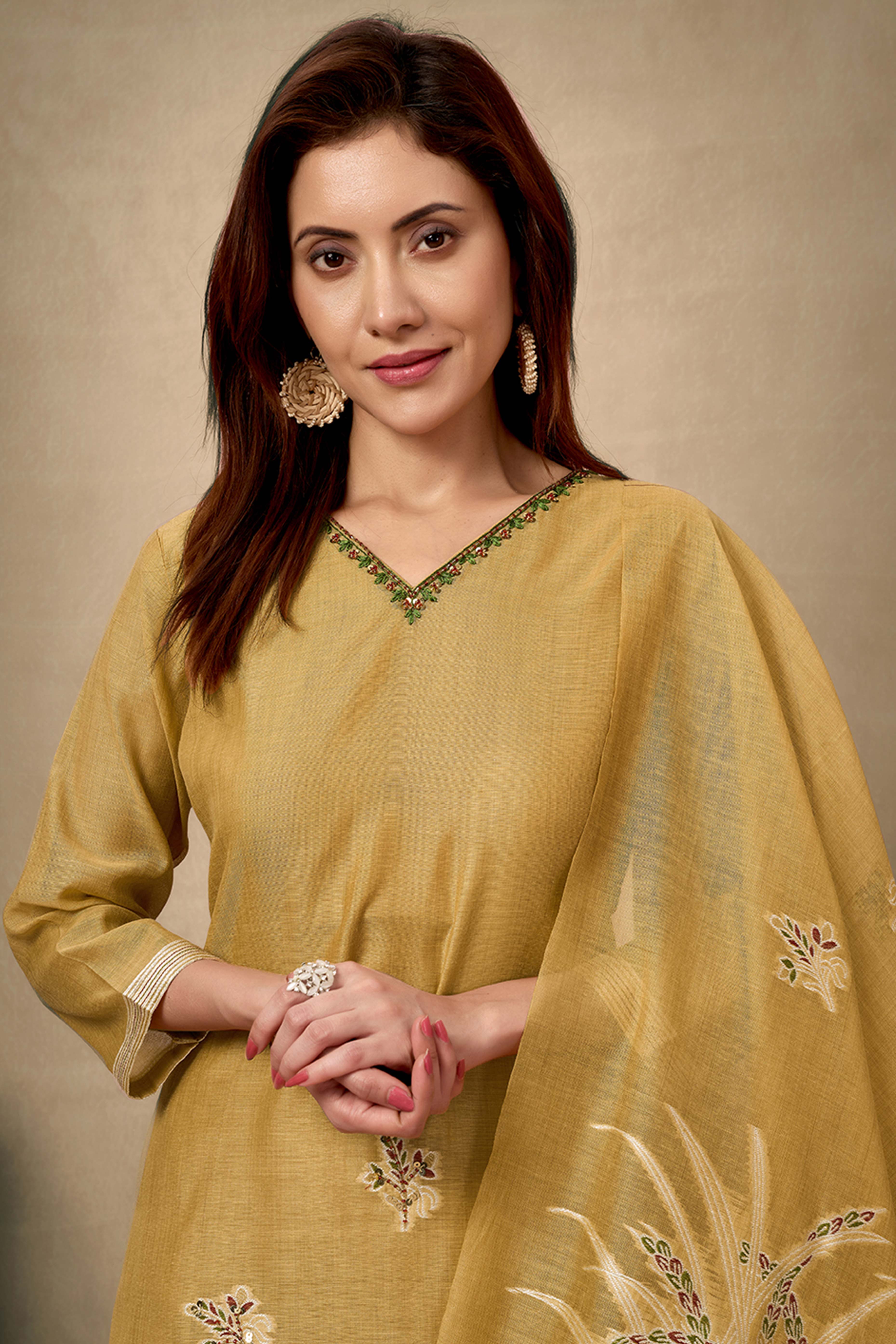 Mustard Chanderi Cotton Jamdani Salwar Suit with Floral Embroidery