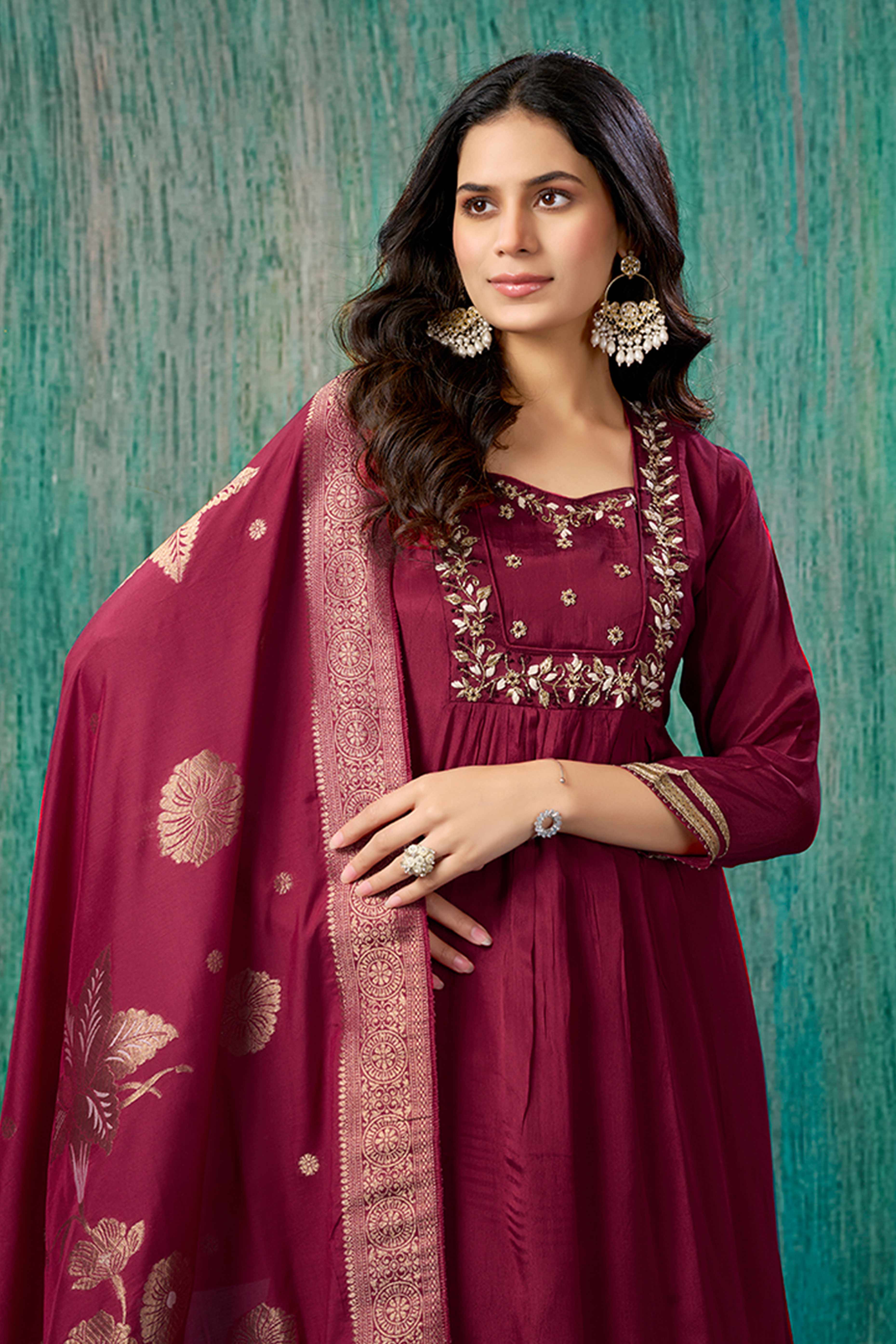Maroon Floral Zardosi Embroidered Chinon Anarkali Salwar Suit