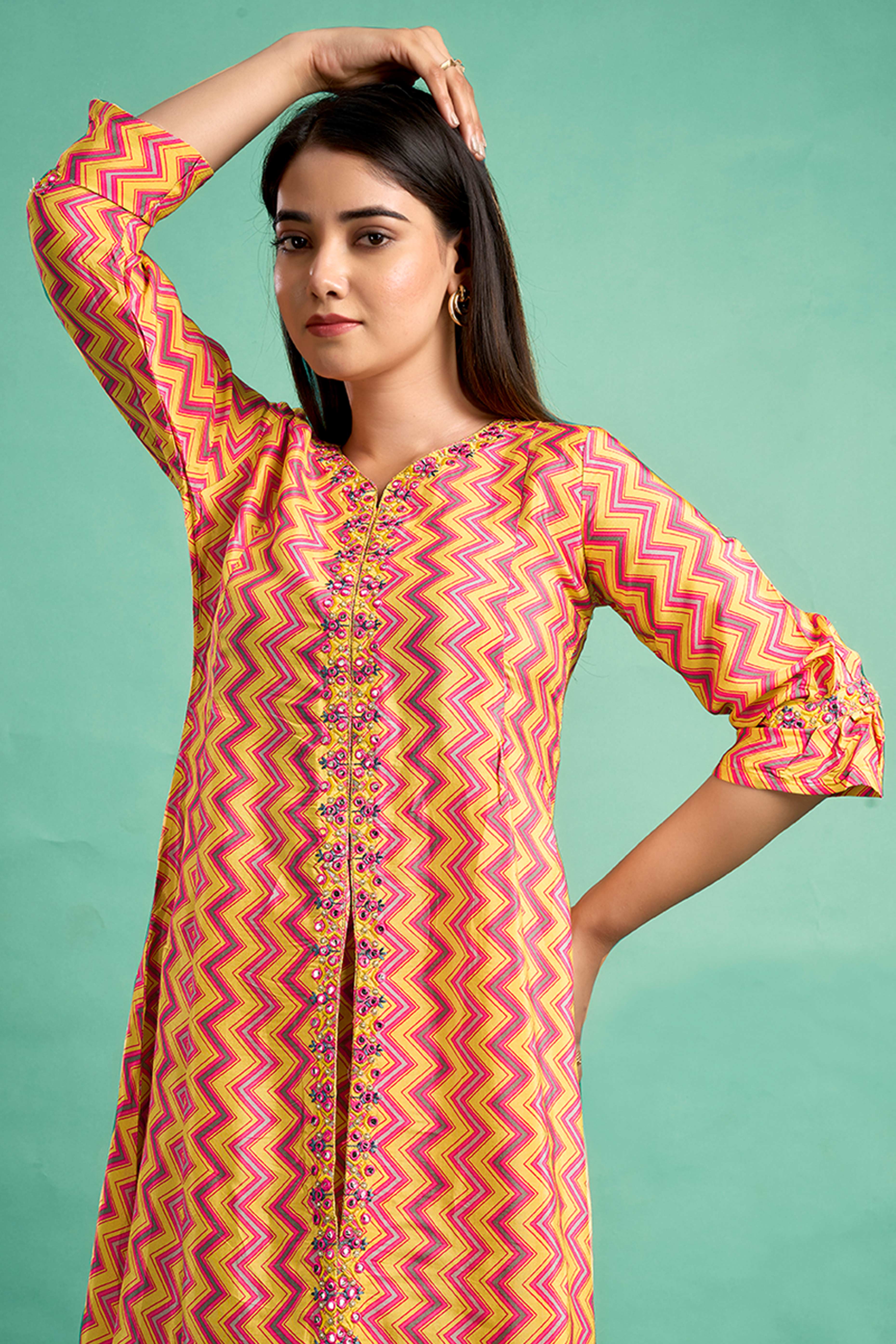Yellow Zig Zag Printed Muslin Front Slit Co-Ord Set